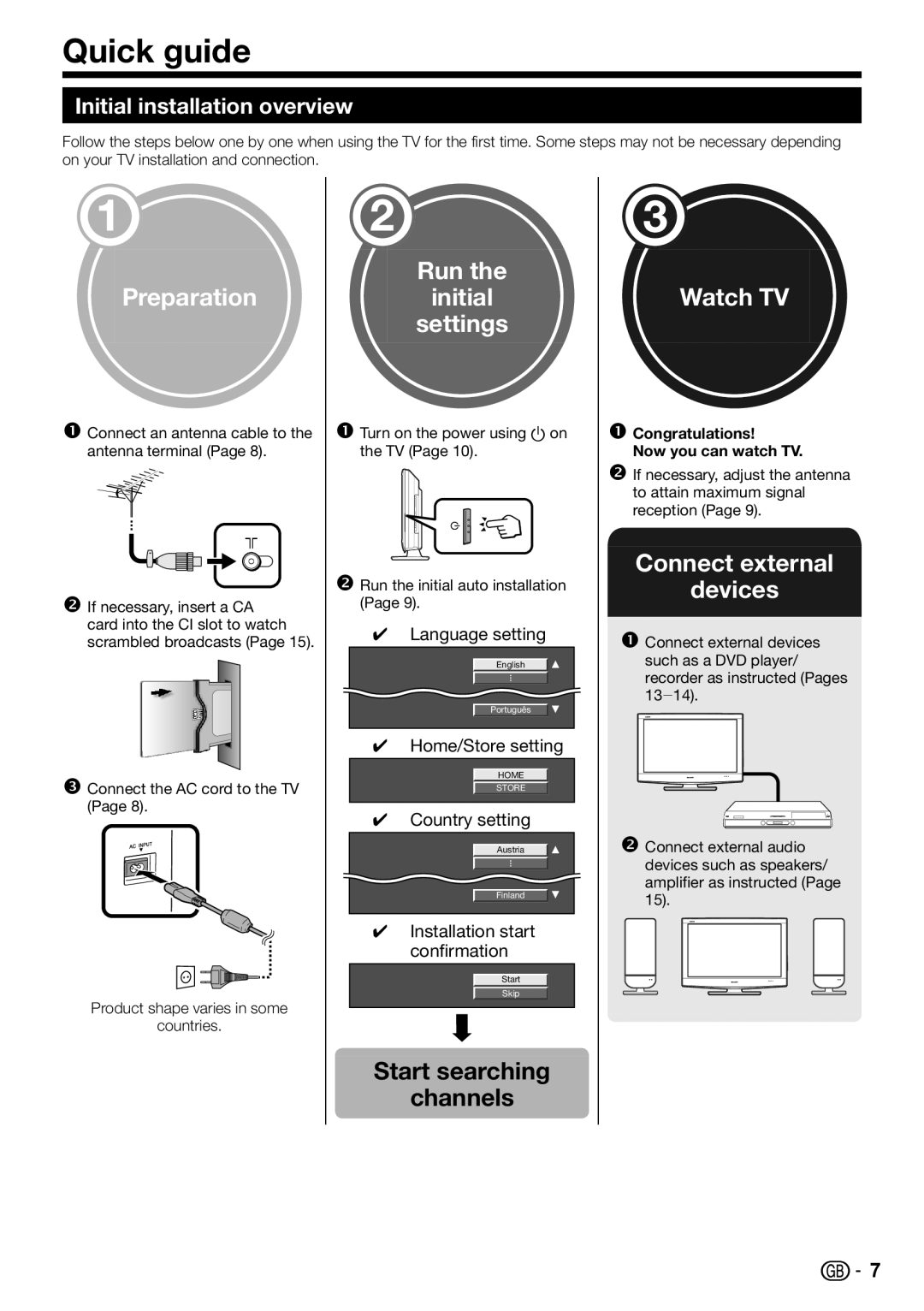 Sharp LC-32DH57S, LC-32DH57E operation manual Quick guide, Start searching Channels, Initial installation overview 