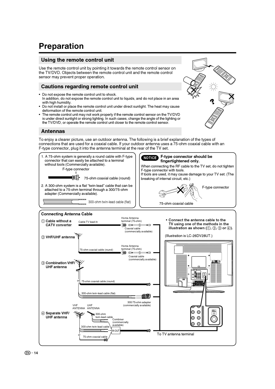 Sharp LC-32DV28UT Preparation, Using the remote control unit, Antennas, Fingertightened only, Connecting Antenna Cable 