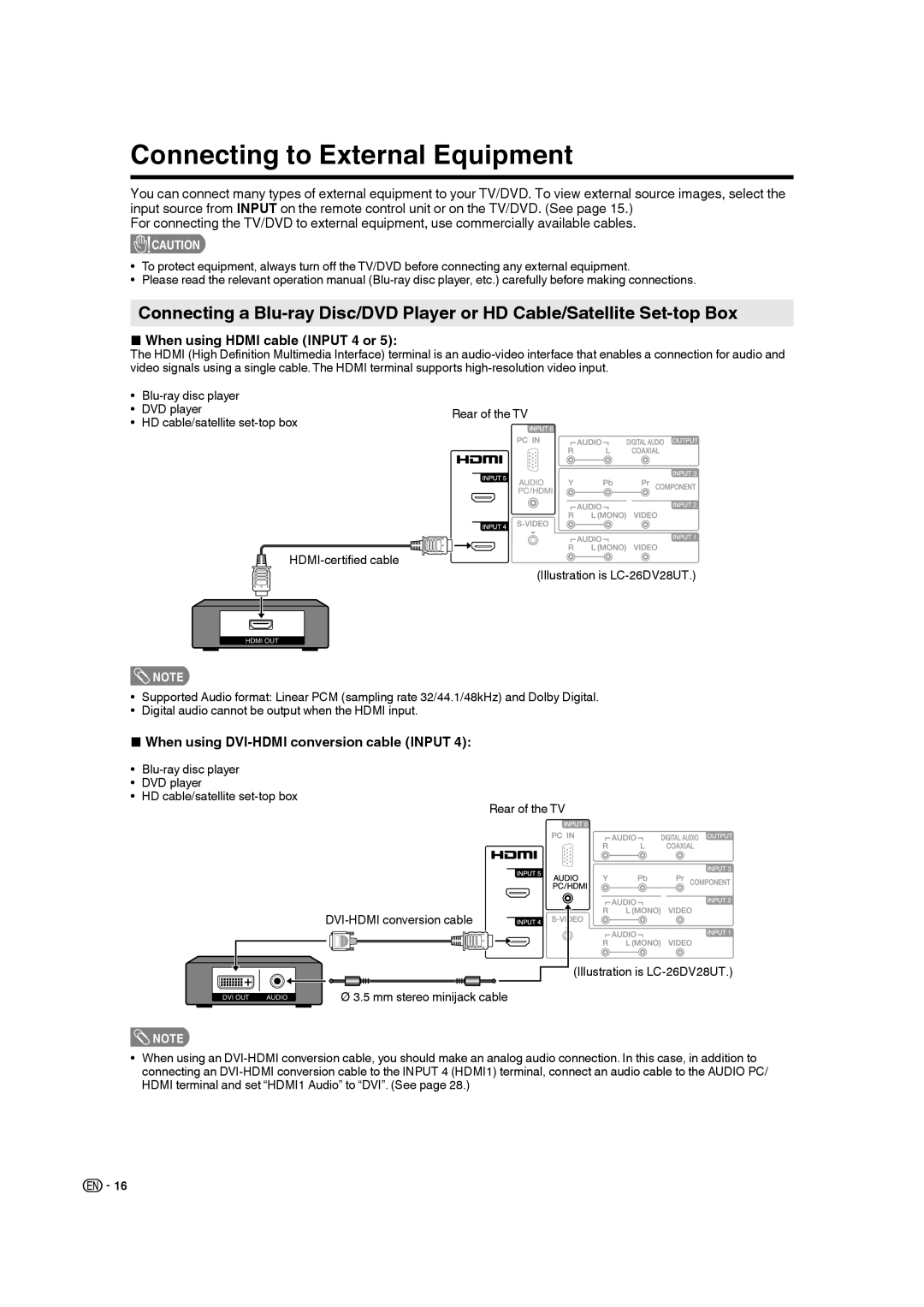 Sharp LC-32DV28UT operation manual Connecting to External Equipment, When using Hdmi cable Input 4 or 