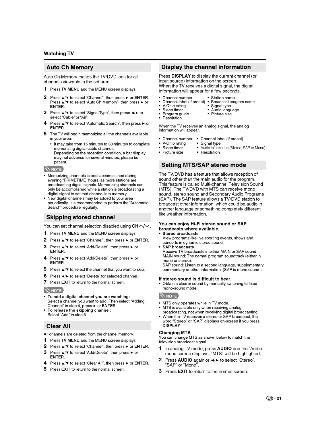 Sharp LC-32DV28UT operation manual Auto Ch Memory, Skipping stored channel, Clear All, Display the channel information 