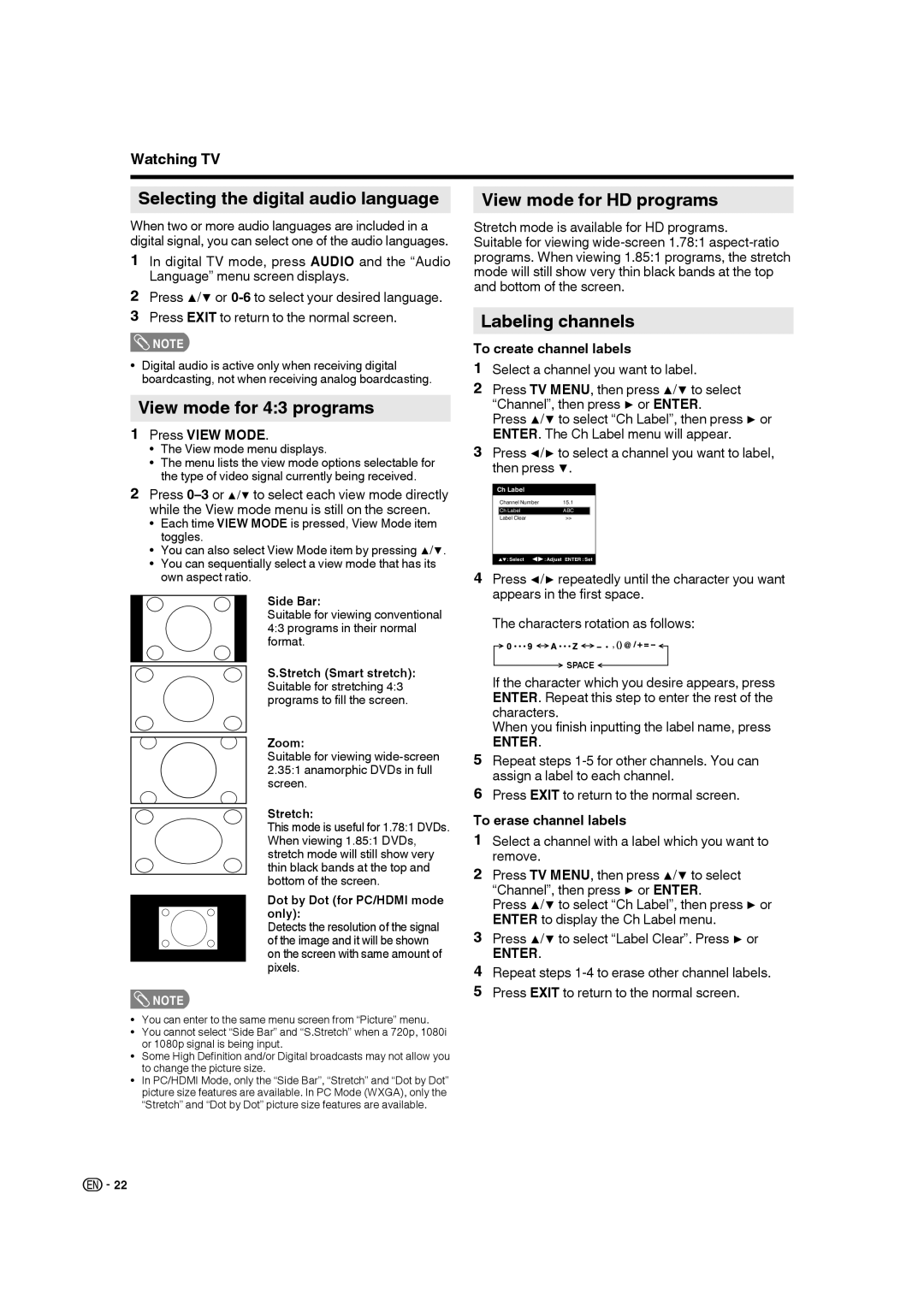 Sharp LC-32DV28UT Selecting the digital audio language, View mode for 43 programs, View mode for HD programs 