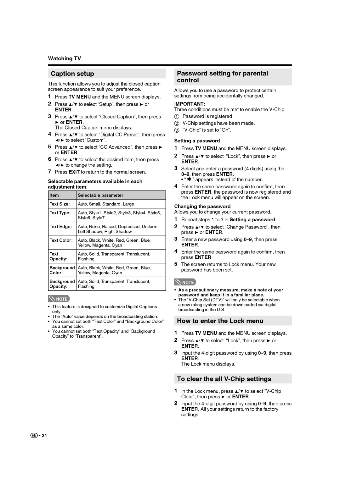 Sharp LC-32DV28UT operation manual Caption setup, Password setting for parental control, How to enter the Lock menu 