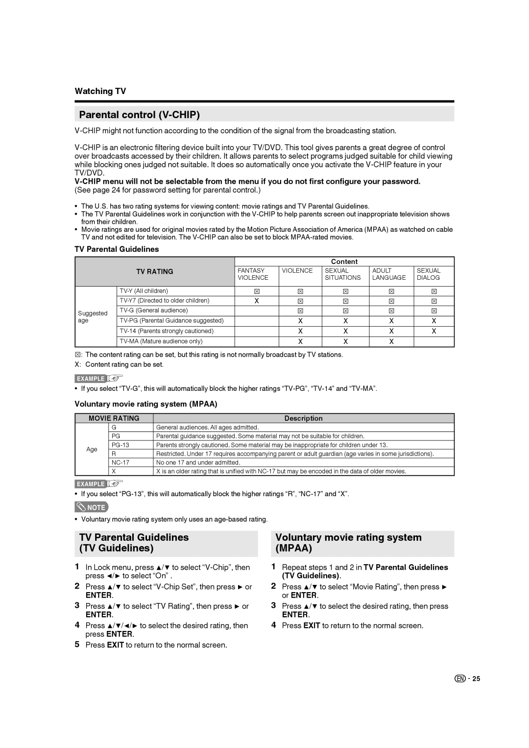 Sharp LC-32DV28UT Parental control V-CHIP, TV Parental Guidelines TV Guidelines, Voluntary movie rating system Mpaa 