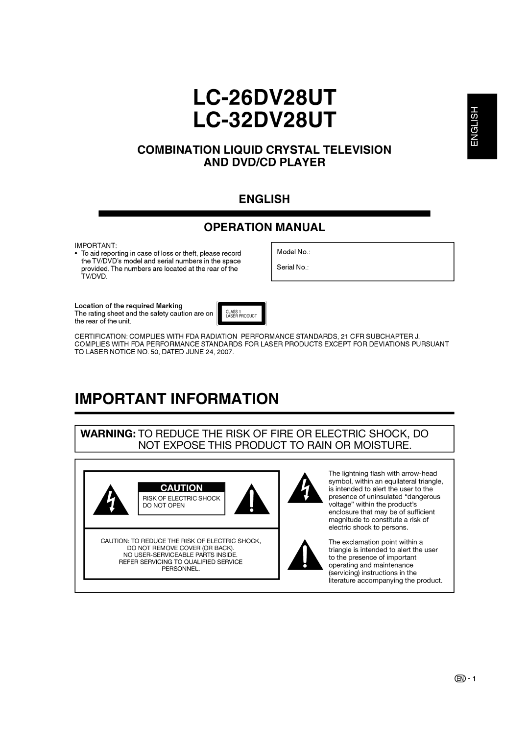 Sharp LC-32DV28UT operation manual Model No, To aid reporting in case of loss or theft, please record, Tv/Dvd 