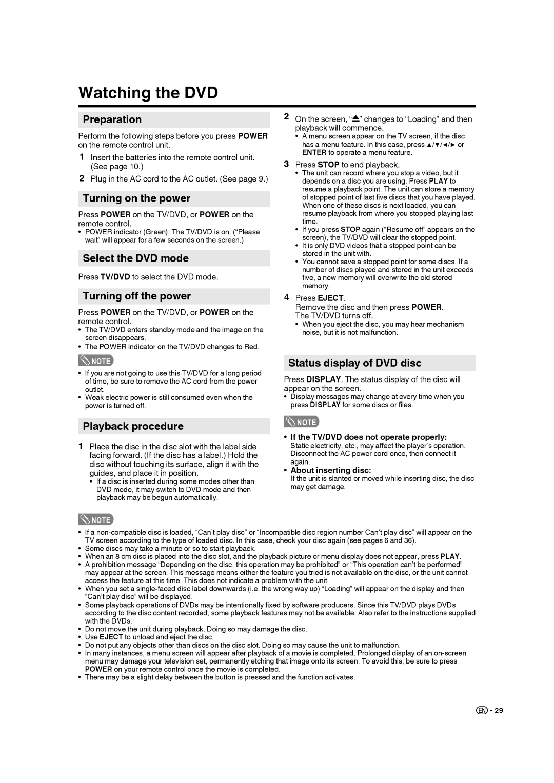 Sharp LC-32DV28UT operation manual Watching the DVD, Select the DVD mode, Status display of DVD disc, Playback procedure 