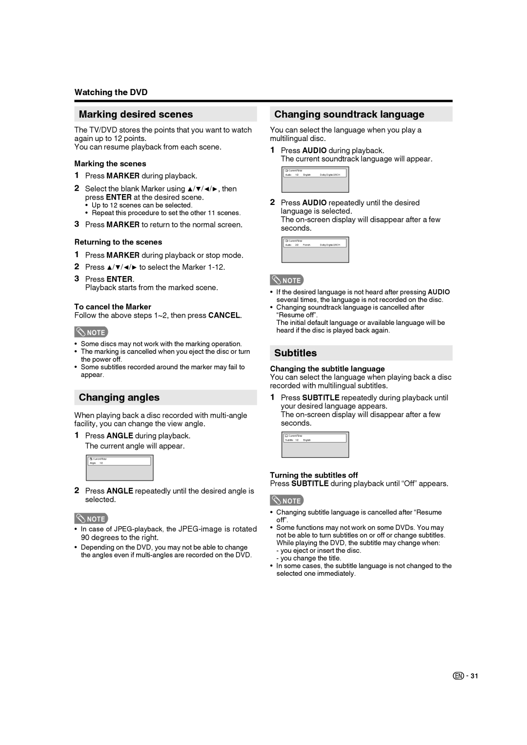 Sharp LC-32DV28UT operation manual Marking desired scenes, Changing angles, Changing soundtrack language, Subtitles 