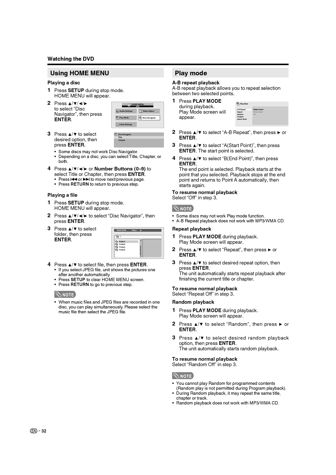 Sharp LC-32DV28UT operation manual Using Home Menu, Play mode 