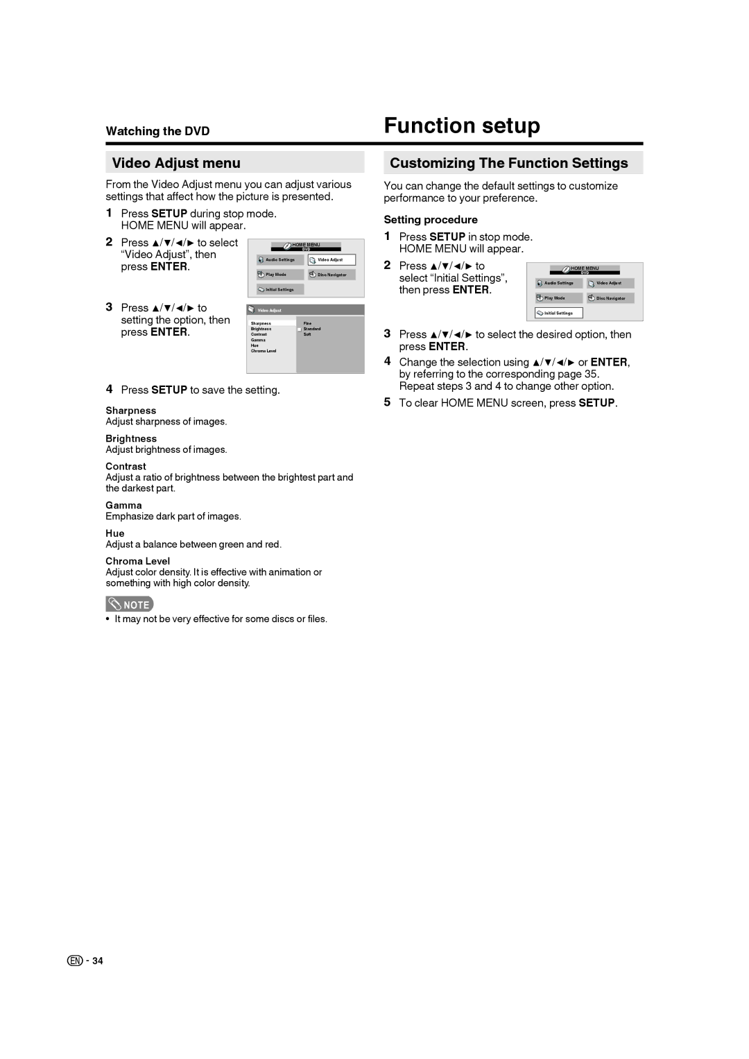 Sharp LC-32DV28UT operation manual Function setup, Video Adjust menu, Customizing The Function Settings 