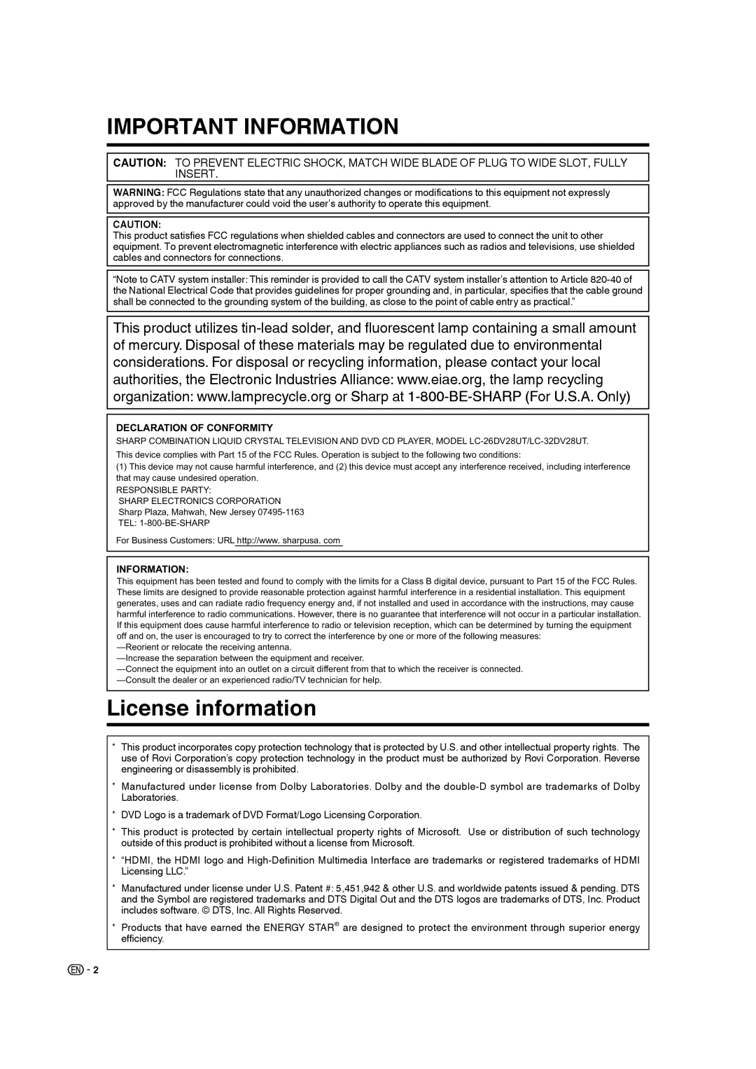 Sharp LC-32DV28UT operation manual License information, Declaration of Conformity, Information 