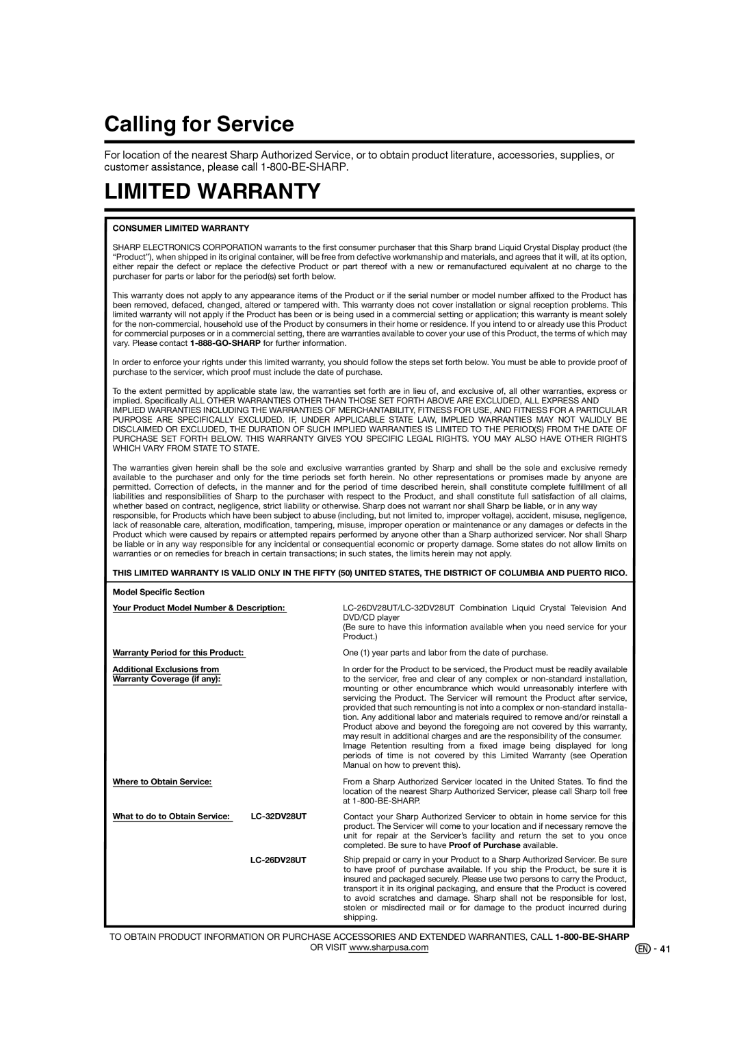 Sharp LC-32DV28UT operation manual Calling for Service, Limited Warranty 