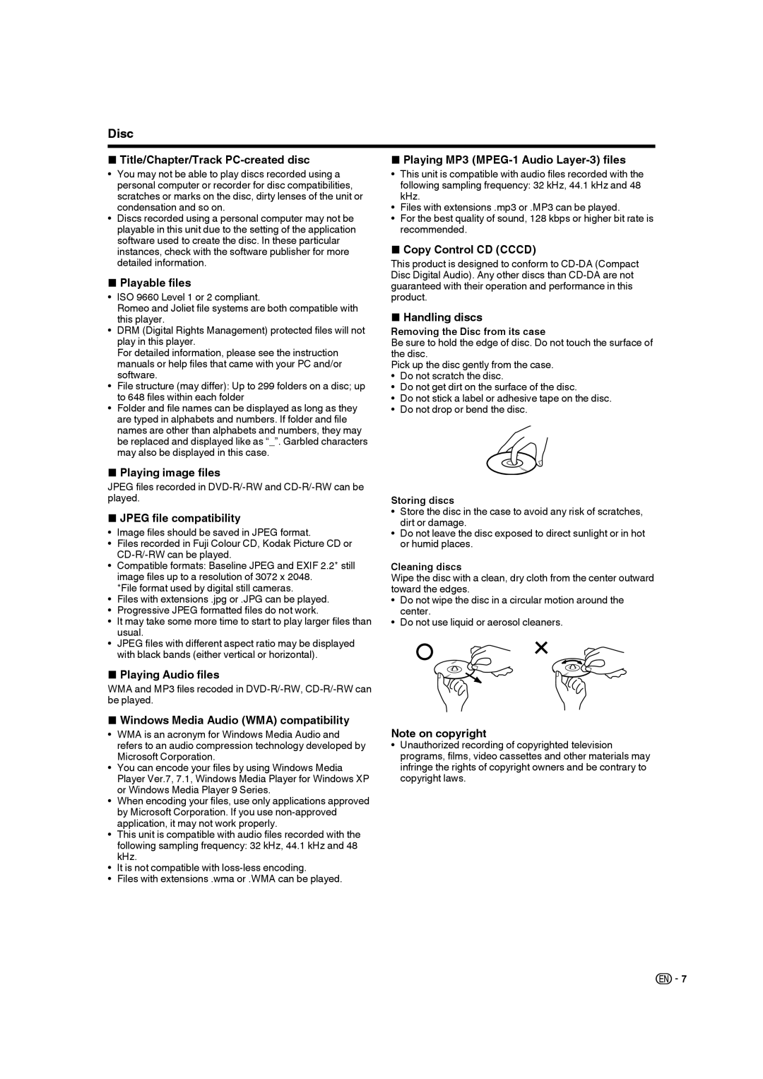 Sharp LC-32DV28UT Title/Chapter/Track PC-created disc, Playable files, Playing image files, Jpeg file compatibility 