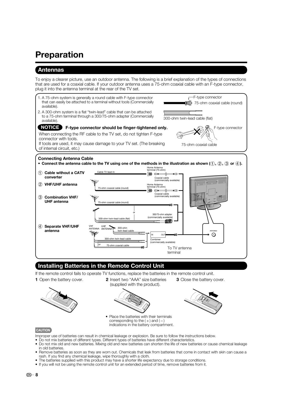 Sharp LC-32E67U Preparation, Antennas, Installing Batteries in the Remote Control Unit, Connecting Antenna Cable 