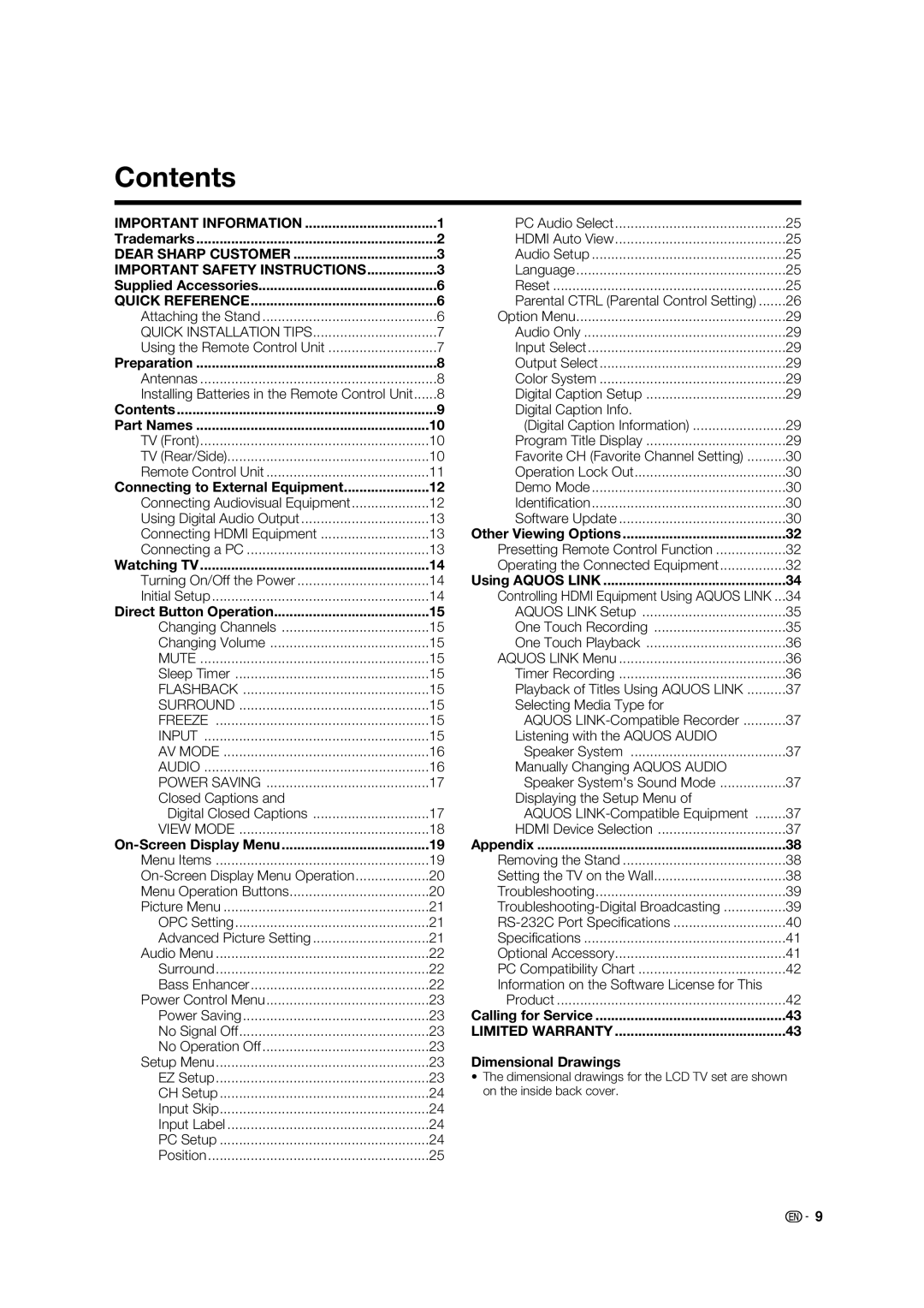 Sharp LC-32E67U operation manual Contents 