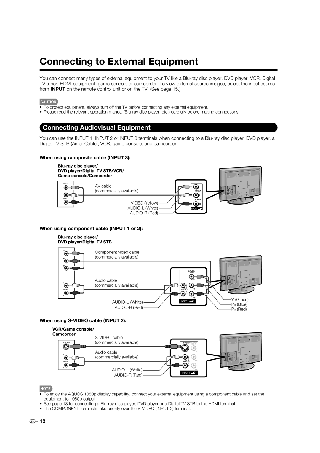 Sharp LC-32E67U Connecting to External Equipment, Connecting Audiovisual Equipment, When using composite cable Input 