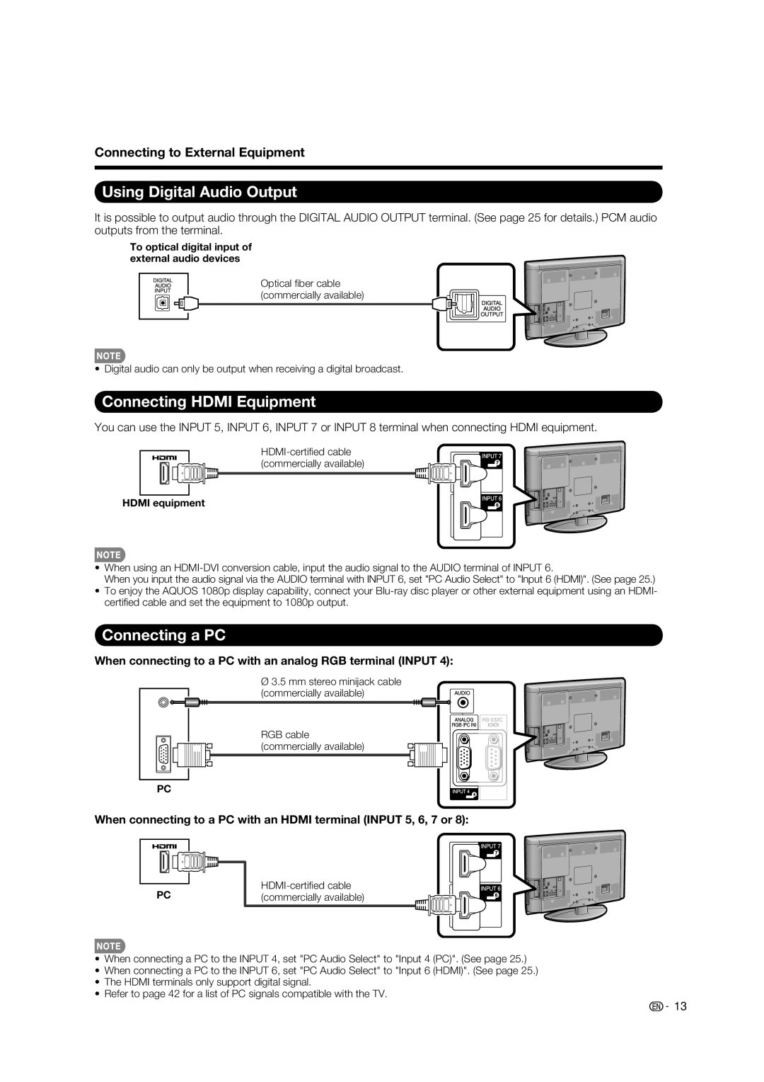 Sharp LC-32E67U operation manual Using Digital Audio Output, Connecting Hdmi Equipment, Connecting a PC, Hdmi equipment 