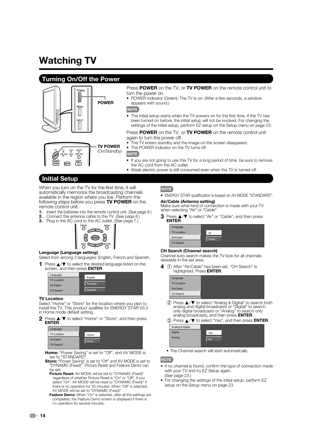 Sharp LC-32E67U operation manual Watching TV, Turning On/Off the Power, Initial Setup 