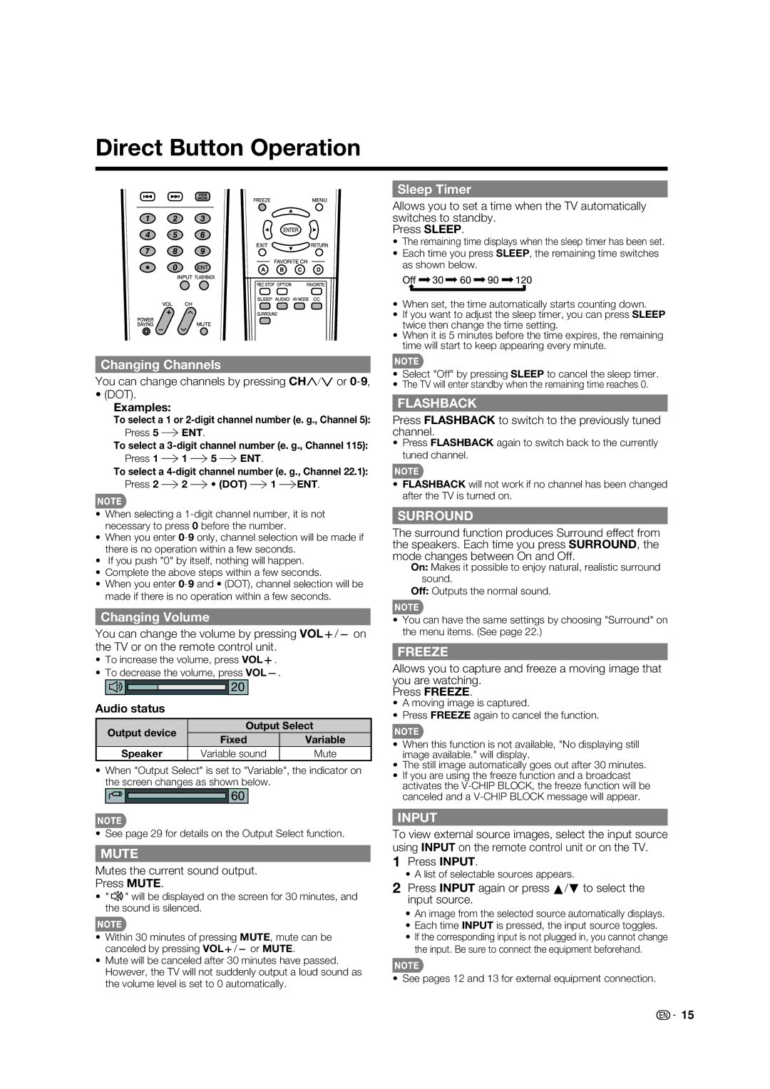 Sharp LC-32E67U operation manual Direct Button Operation, Changing Channels, Changing Volume, Sleep Timer 