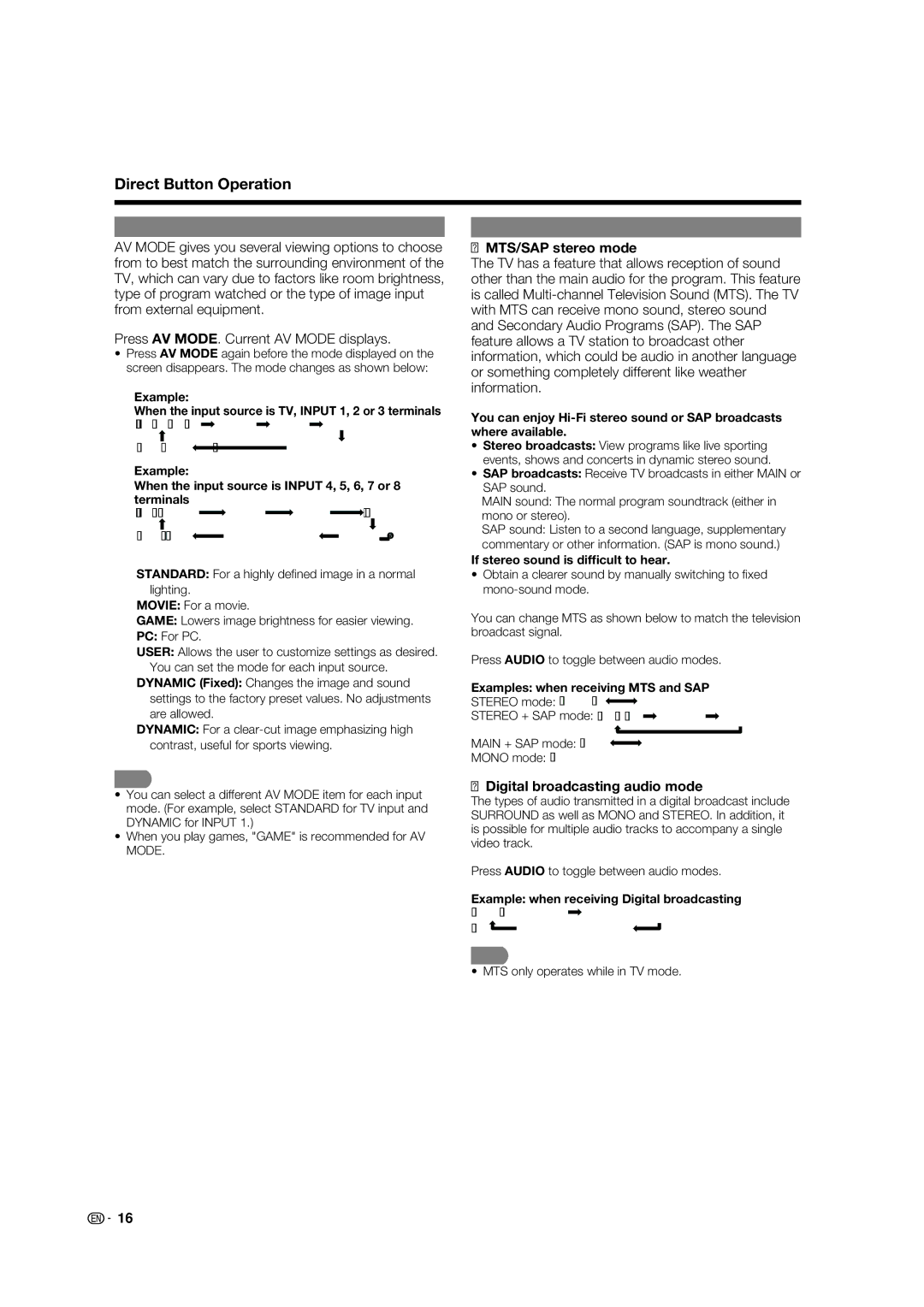 Sharp LC-32E67U operation manual MTS/SAP stereo mode, Digital broadcasting audio mode 