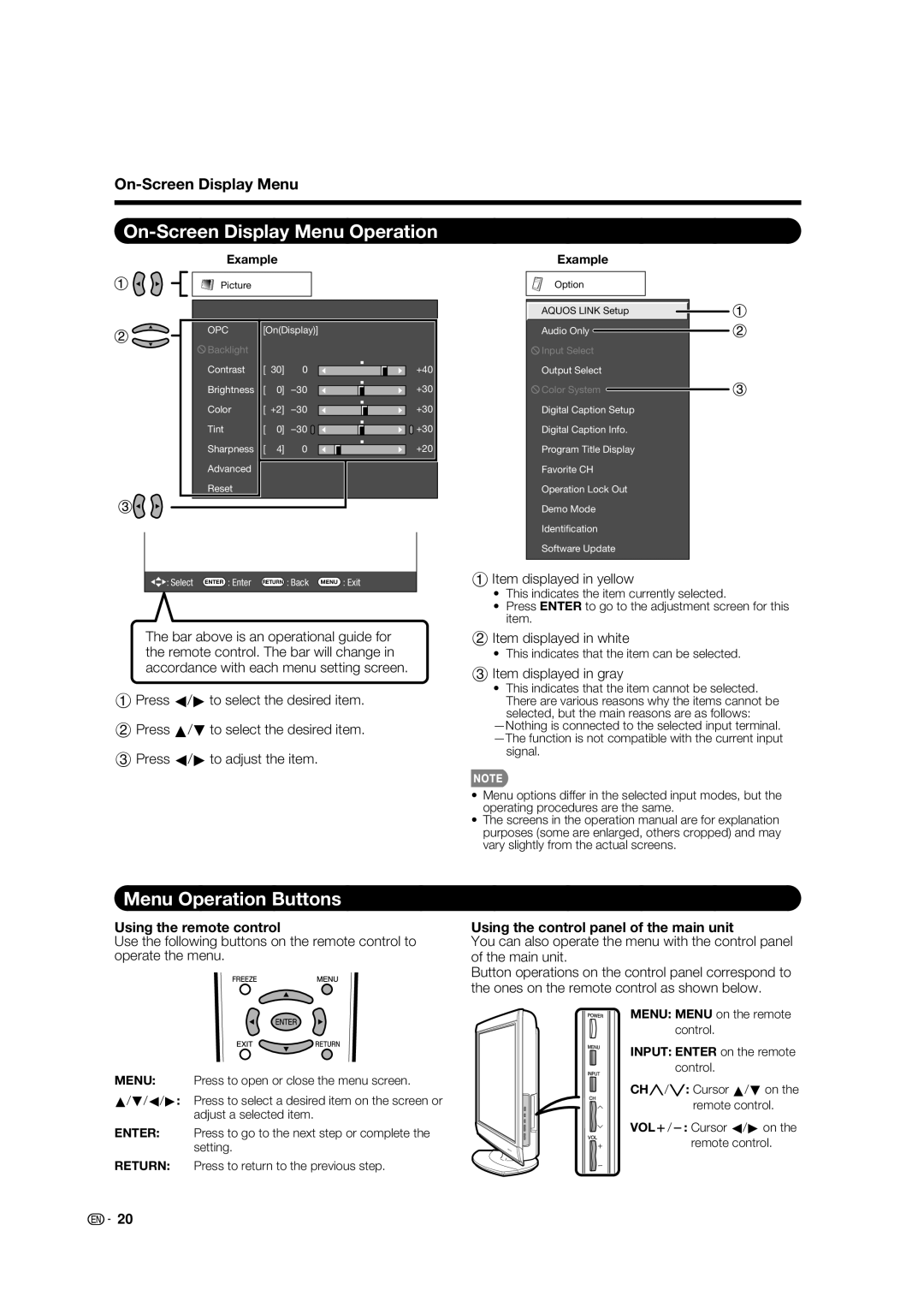 Sharp LC-32E67U operation manual On-Screen Display Menu Operation, Menu Operation Buttons, Using the remote control 