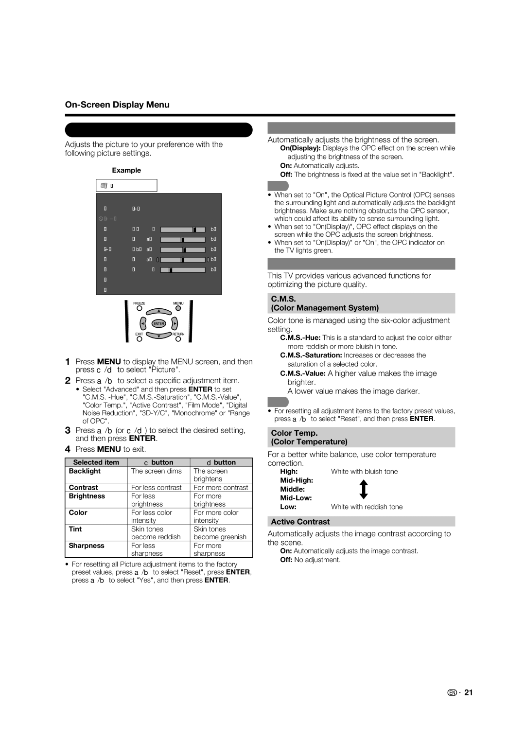 Sharp LC-32E67U operation manual Picture Menu, OPC Setting, Advanced Picture Setting 