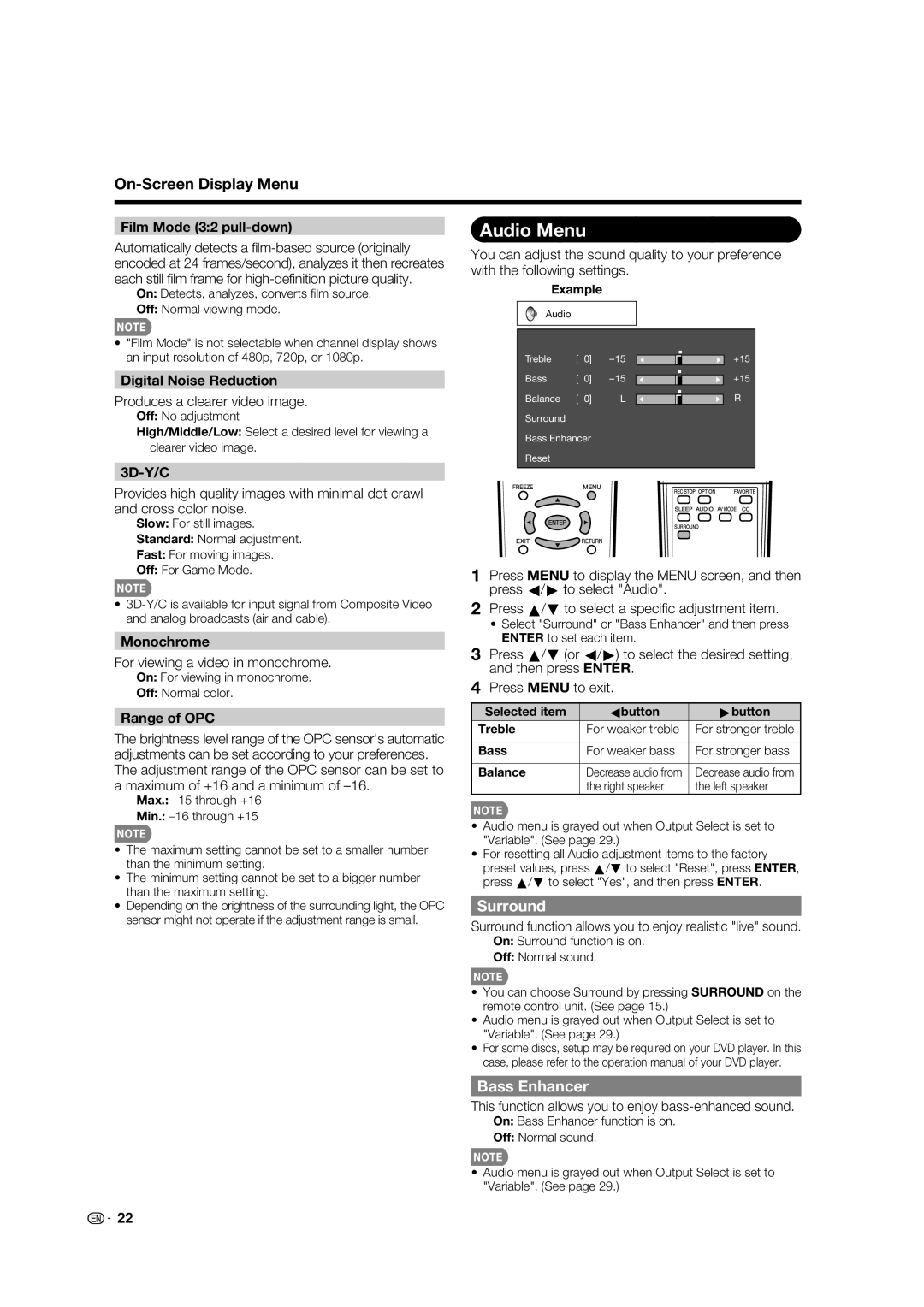 Sharp LC-32E67U operation manual Audio Menu, Surround, Bass Enhancer 