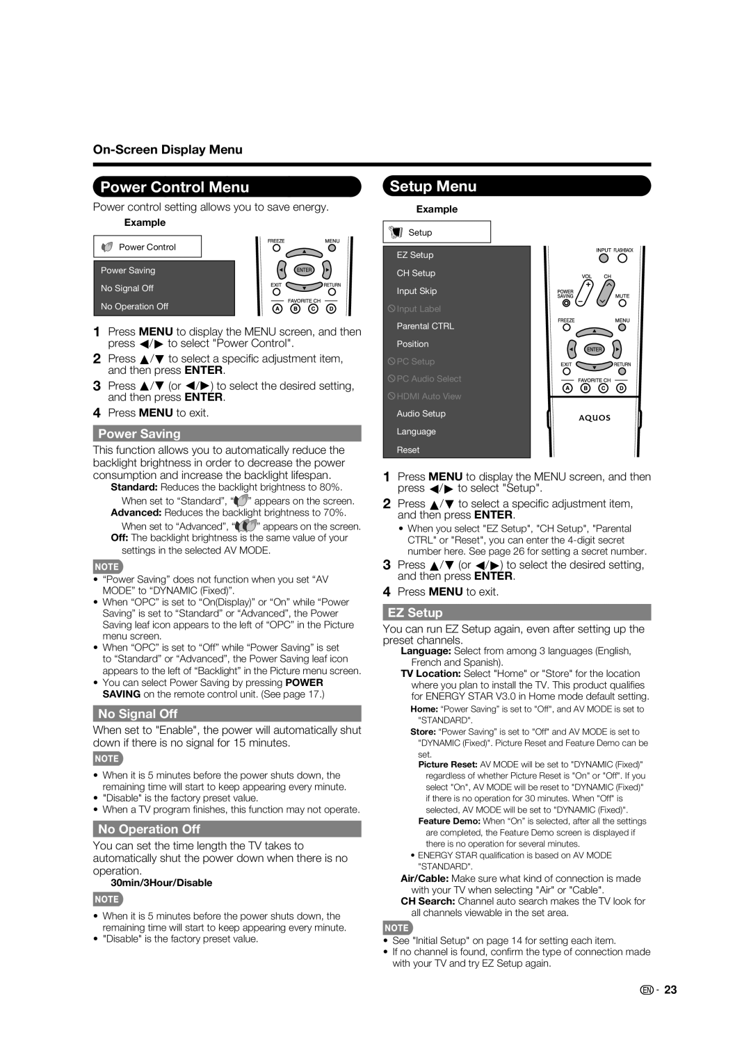 Sharp LC-32E67U operation manual Power Control Menu, Setup Menu 