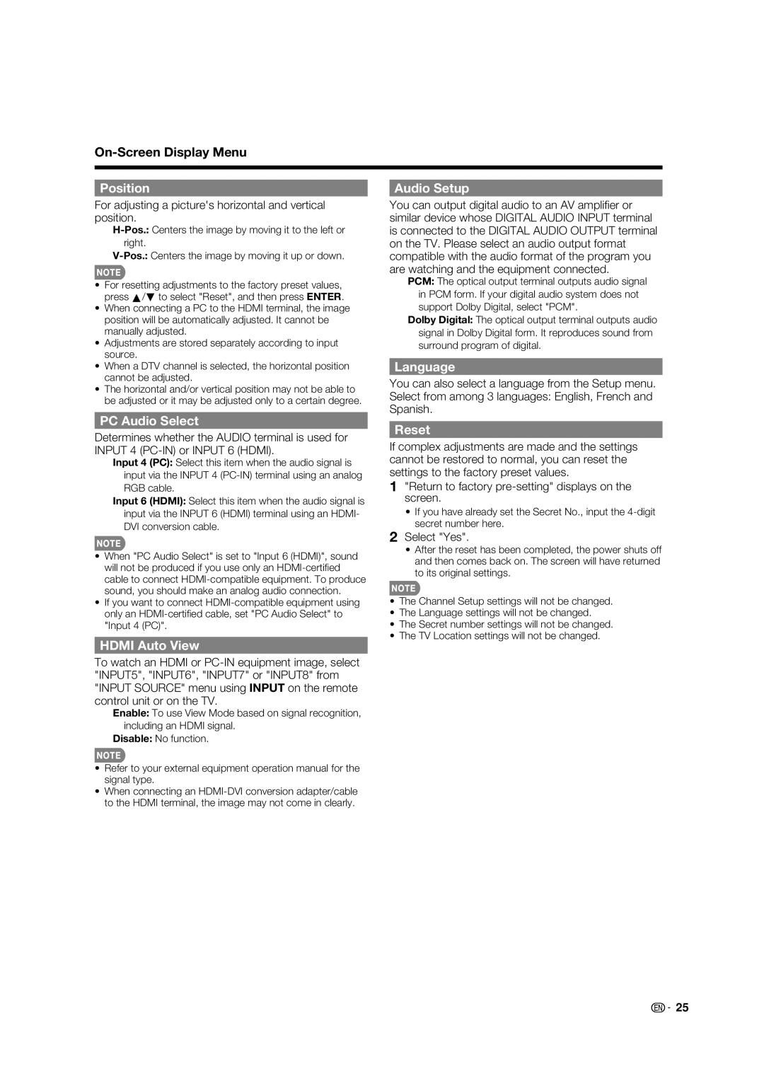 Sharp LC-32E67U operation manual Position, PC Audio Select, Hdmi Auto View, Audio Setup, Language, Reset 