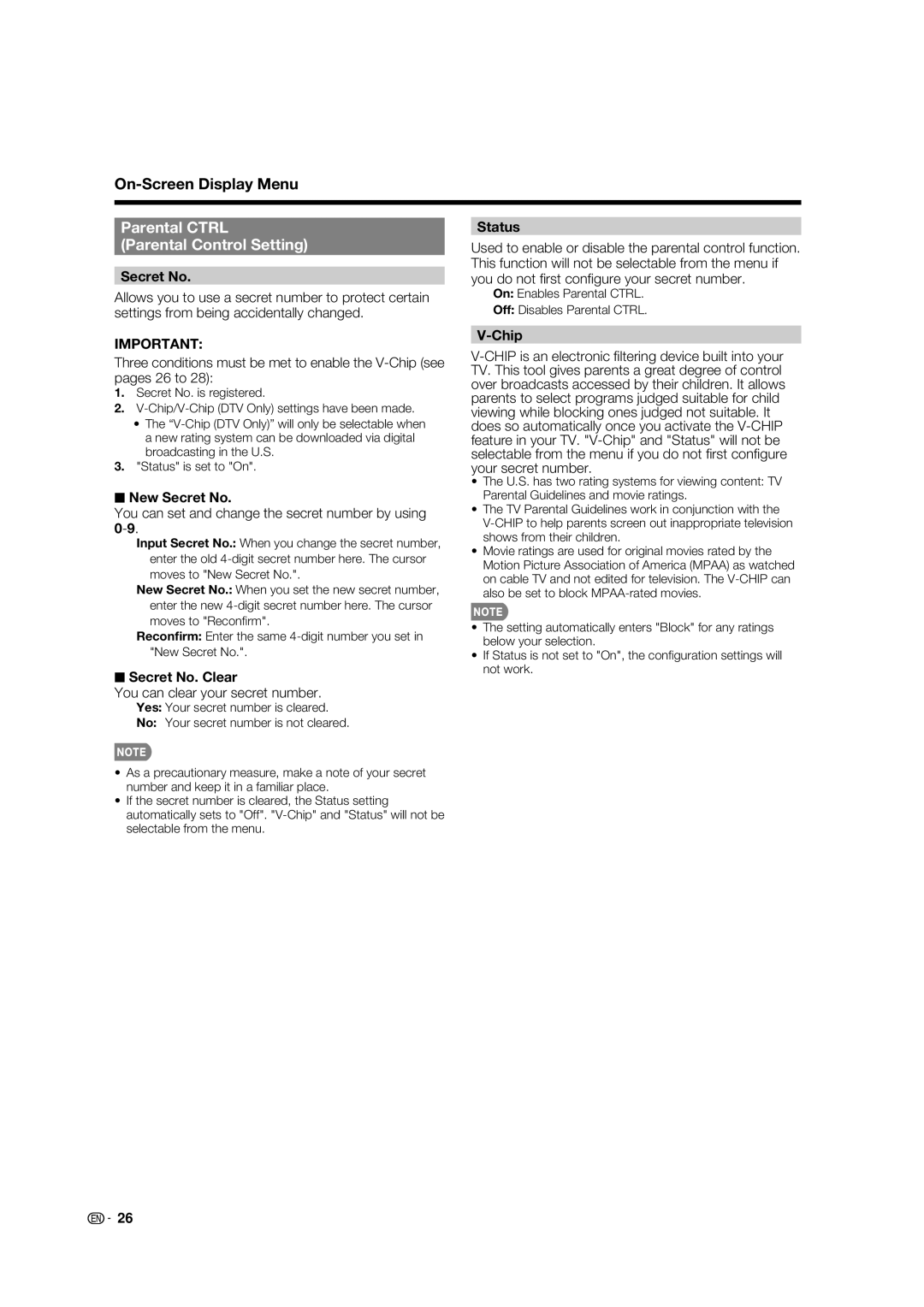 Sharp LC-32E67U operation manual Parental Ctrl Parental Control Setting 