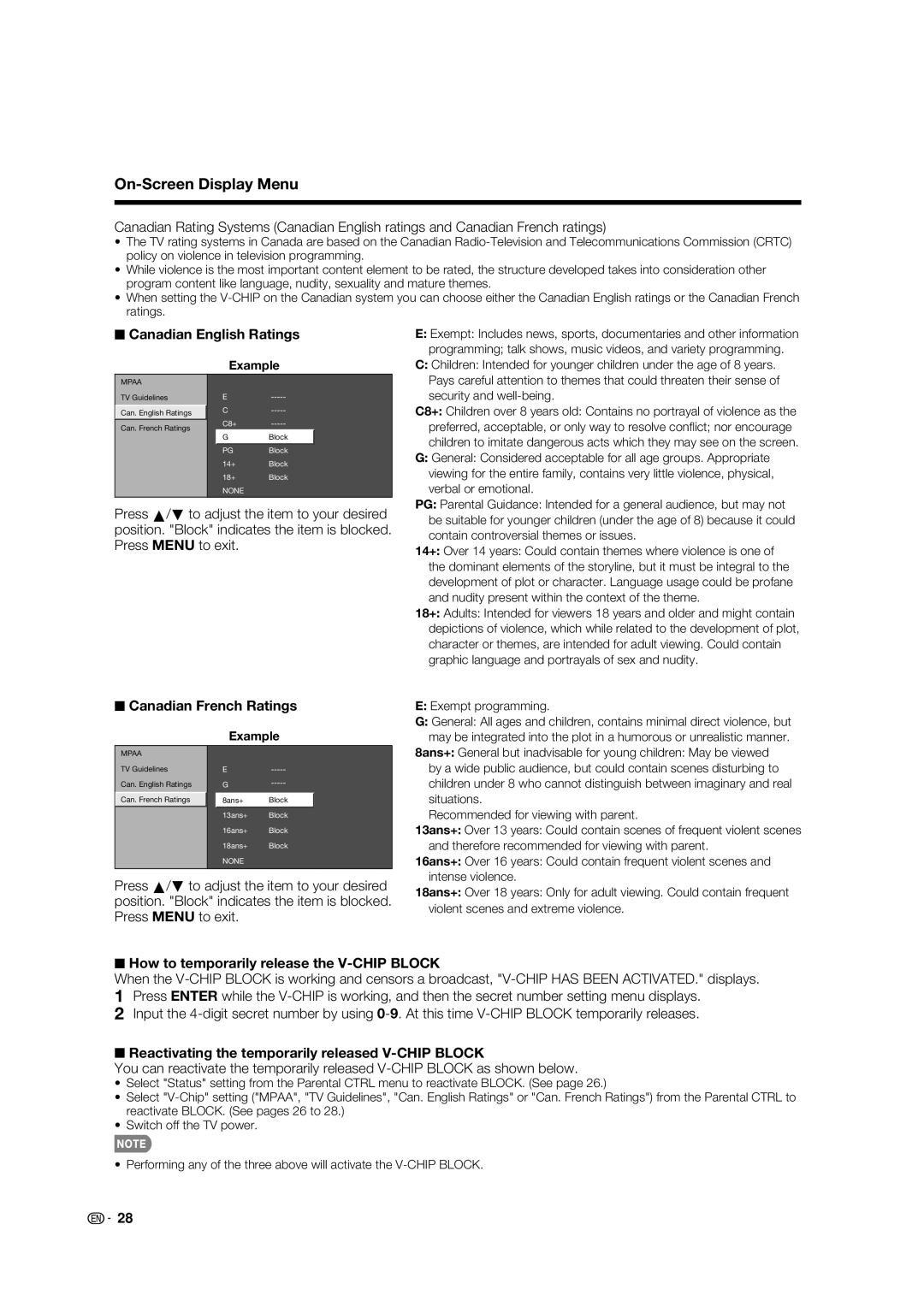 Sharp LC-32E67U Canadian English Ratings, Canadian French Ratings, How to temporarily release the V-CHIP Block 