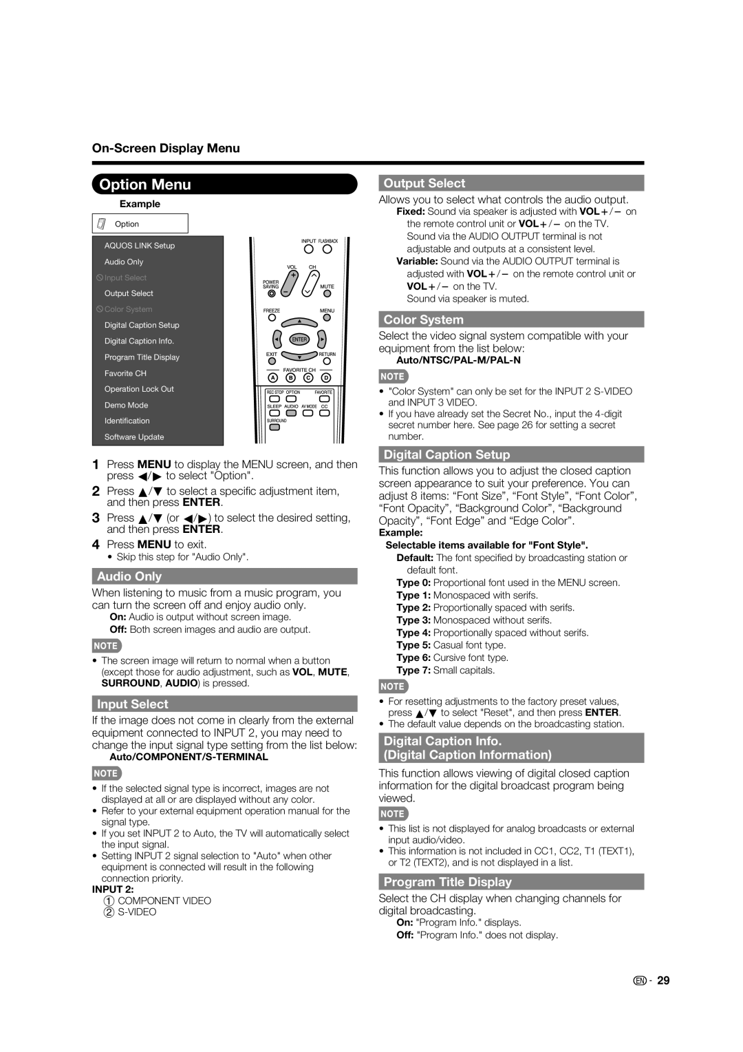 Sharp LC-32E67U operation manual Option Menu 