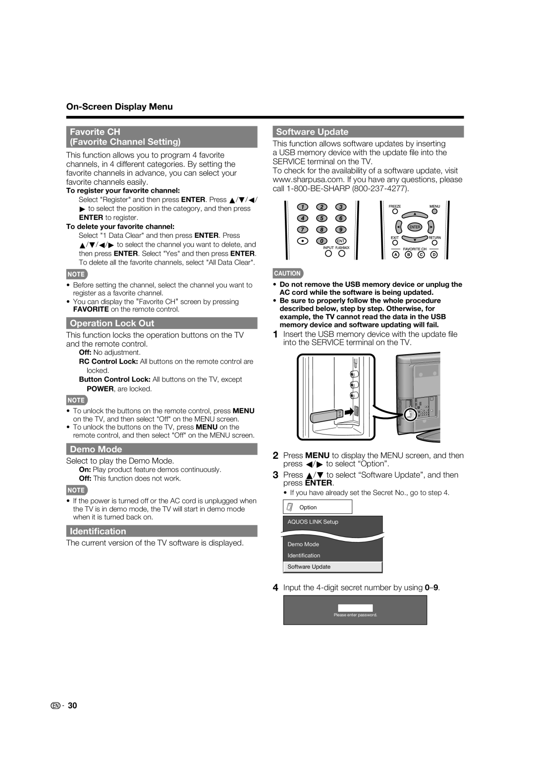 Sharp LC-32E67U Favorite CH Favorite Channel Setting, Operation Lock Out, Software Update, Demo Mode, Identiﬁcation 