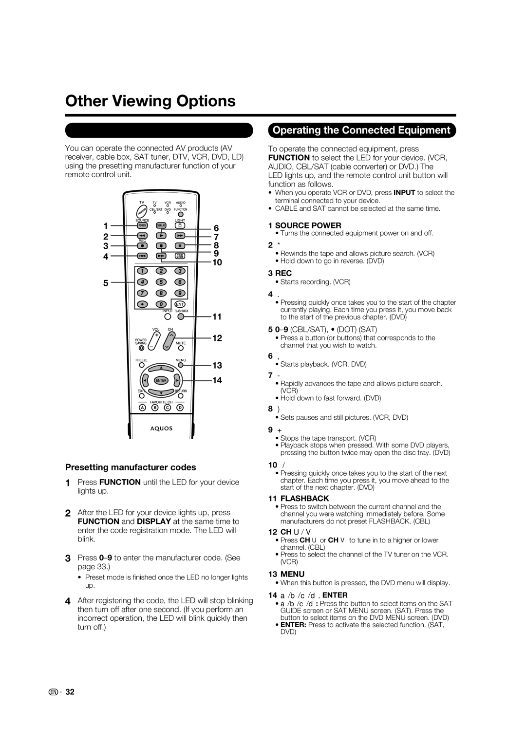 Sharp LC-32E67U operation manual Other Viewing Options, Presetting Remote Control Function 