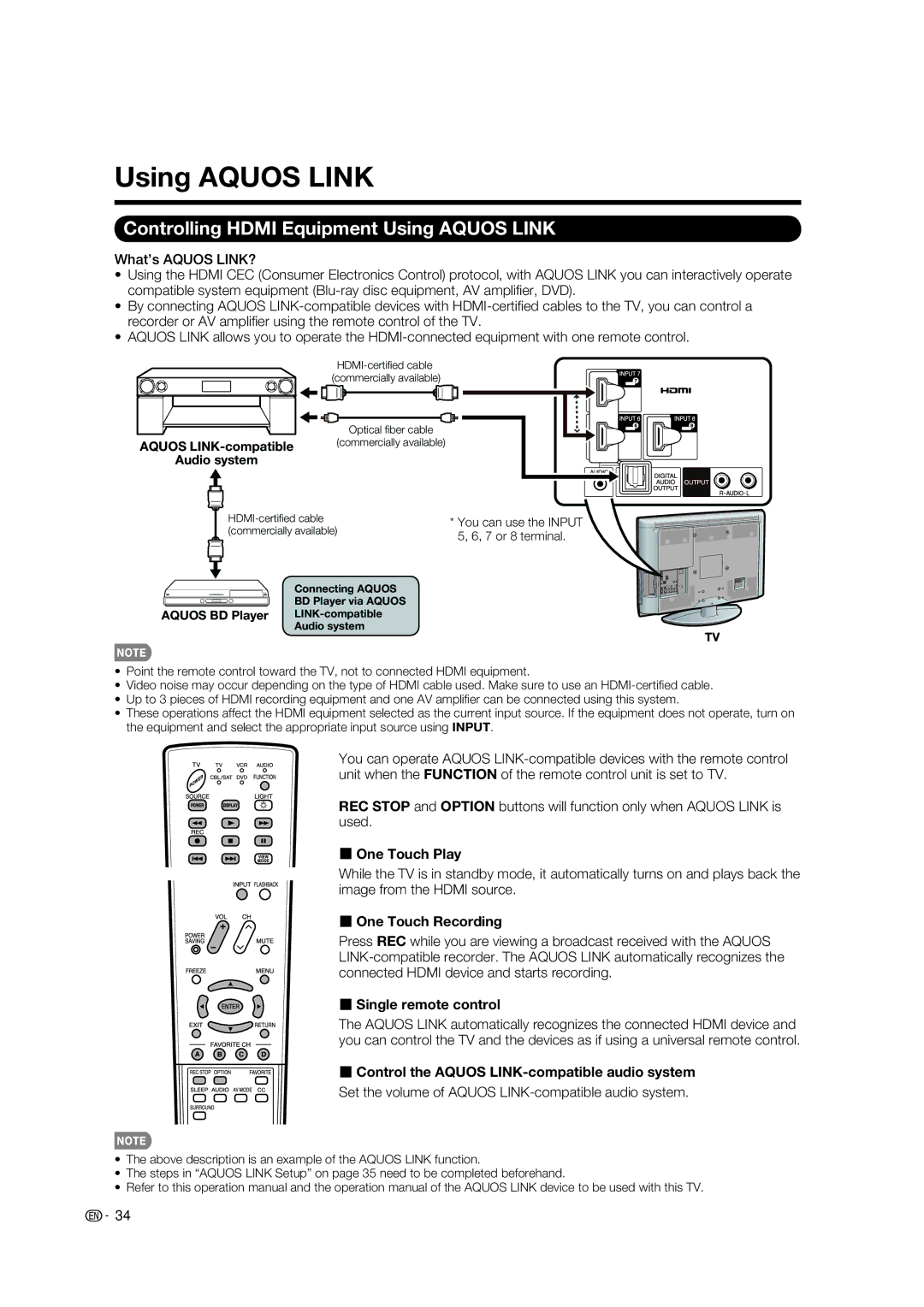 Sharp LC-32E67U operation manual Controlling Hdmi Equipment Using Aquos Link 