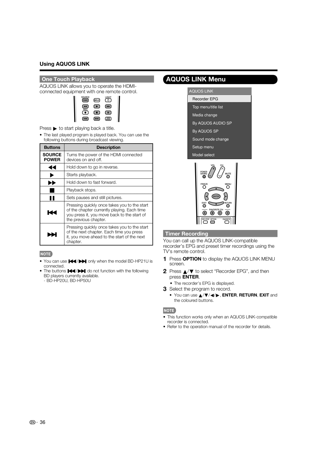 Sharp LC-32E67U Aquos Link Menu, One Touch Playback, Timer Recording, Press d to start playing back a title 