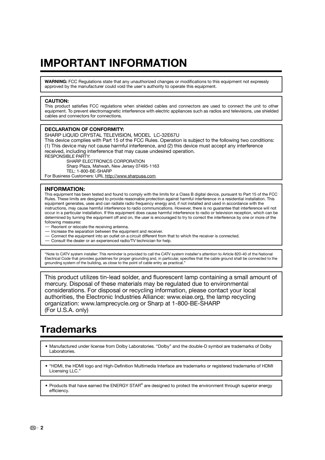 Sharp LC-32E67U operation manual Trademarks, Declaration of Conformity 