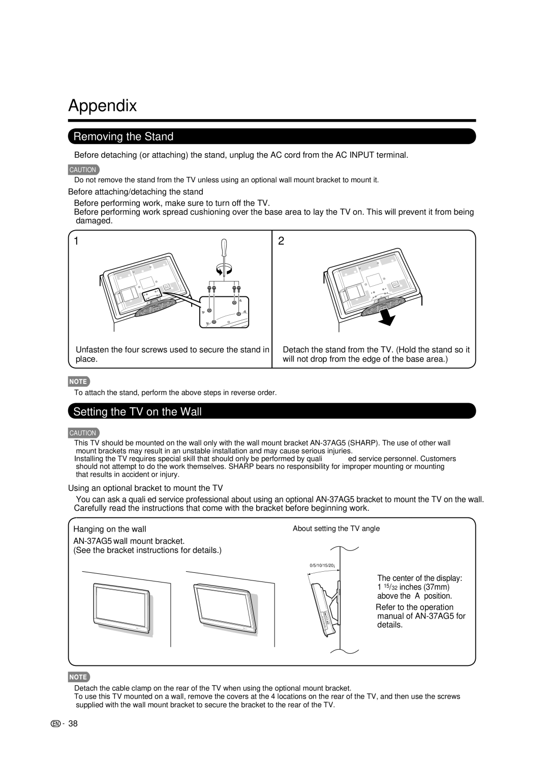 Sharp LC-32E67U operation manual Appendix, Removing the Stand, Setting the TV on the Wall 