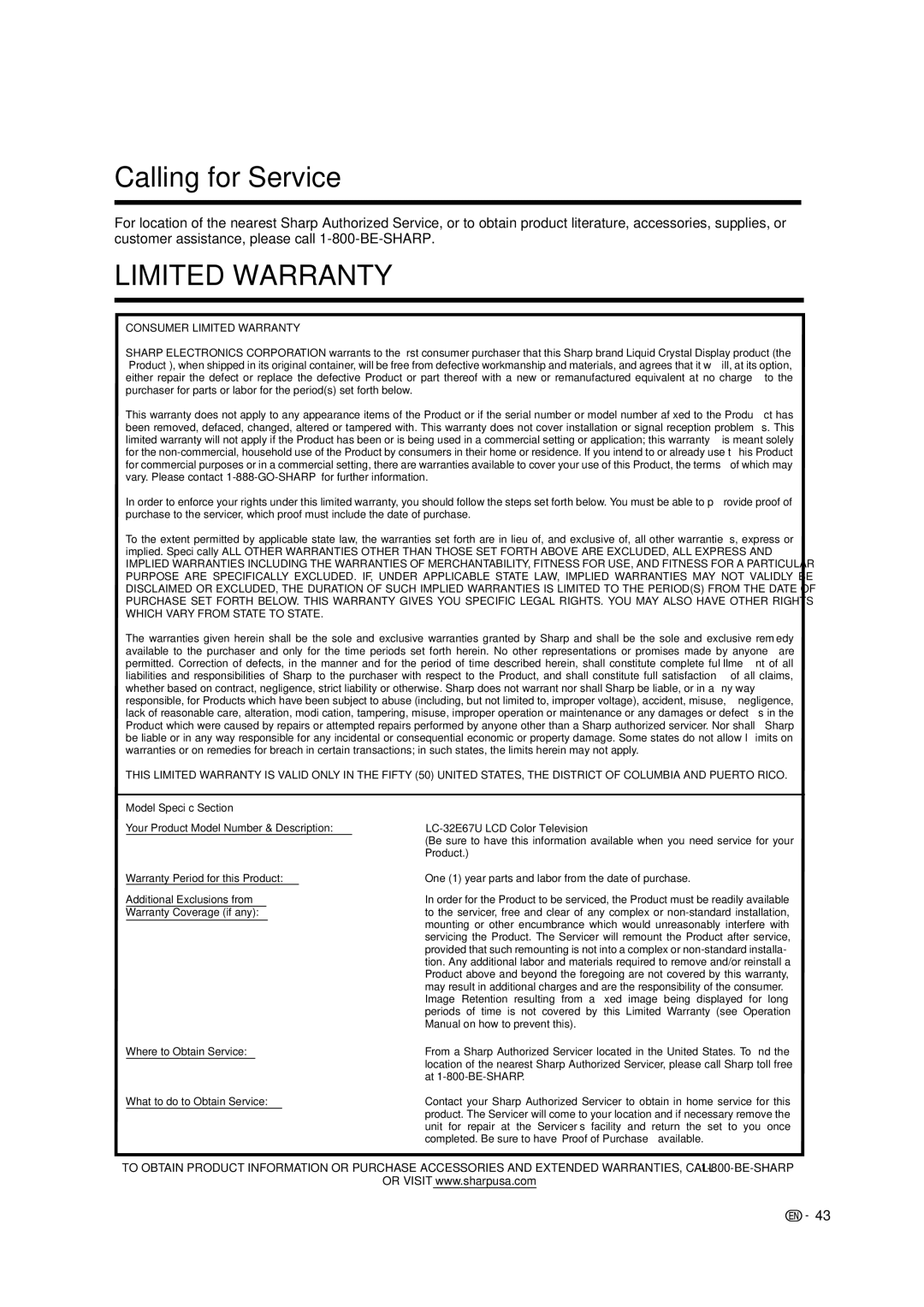 Sharp LC-32E67U operation manual Calling for Service, Limited Warranty 