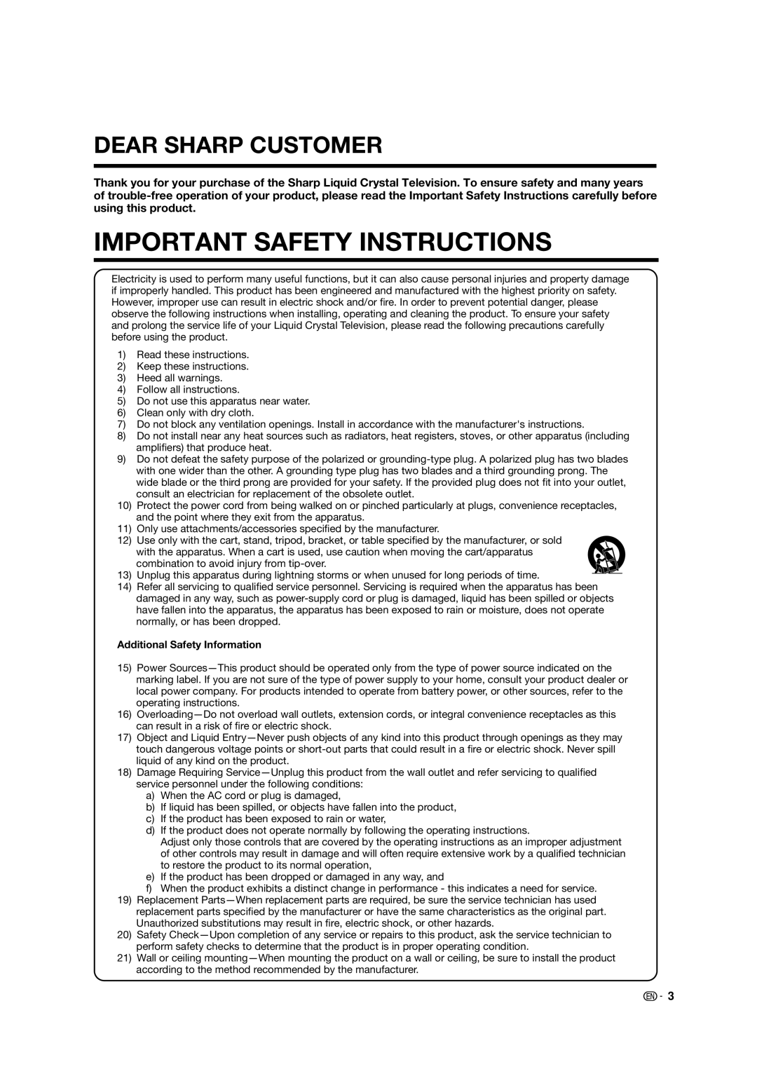 Sharp LC-32E67U operation manual Dear Sharp Customer, Additional Safety Information 