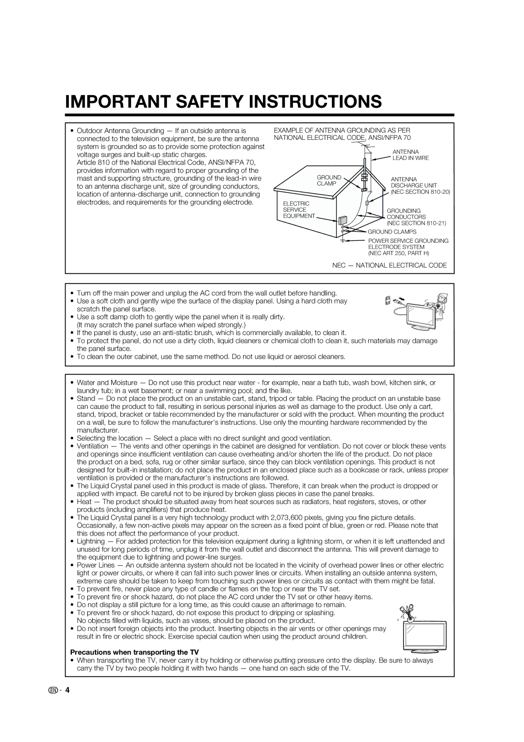 Sharp LC-32E67U operation manual Precautions when transporting the TV 