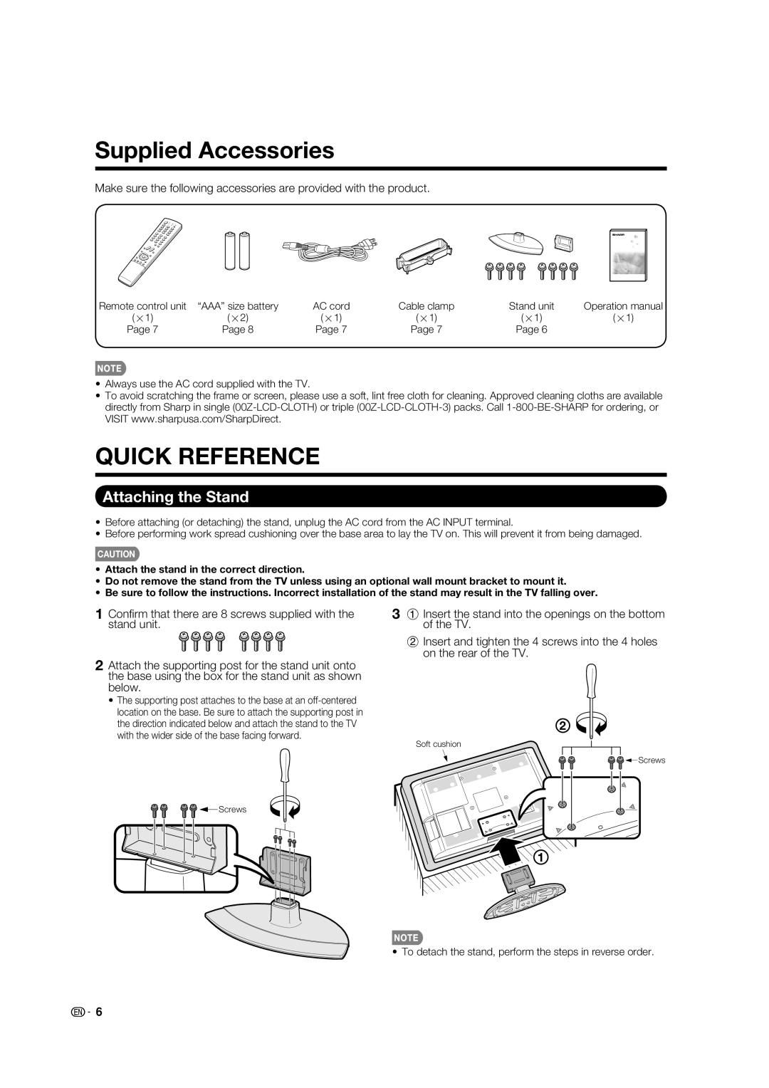 Sharp LC-32E67U operation manual Supplied Accessories, Attaching the Stand 