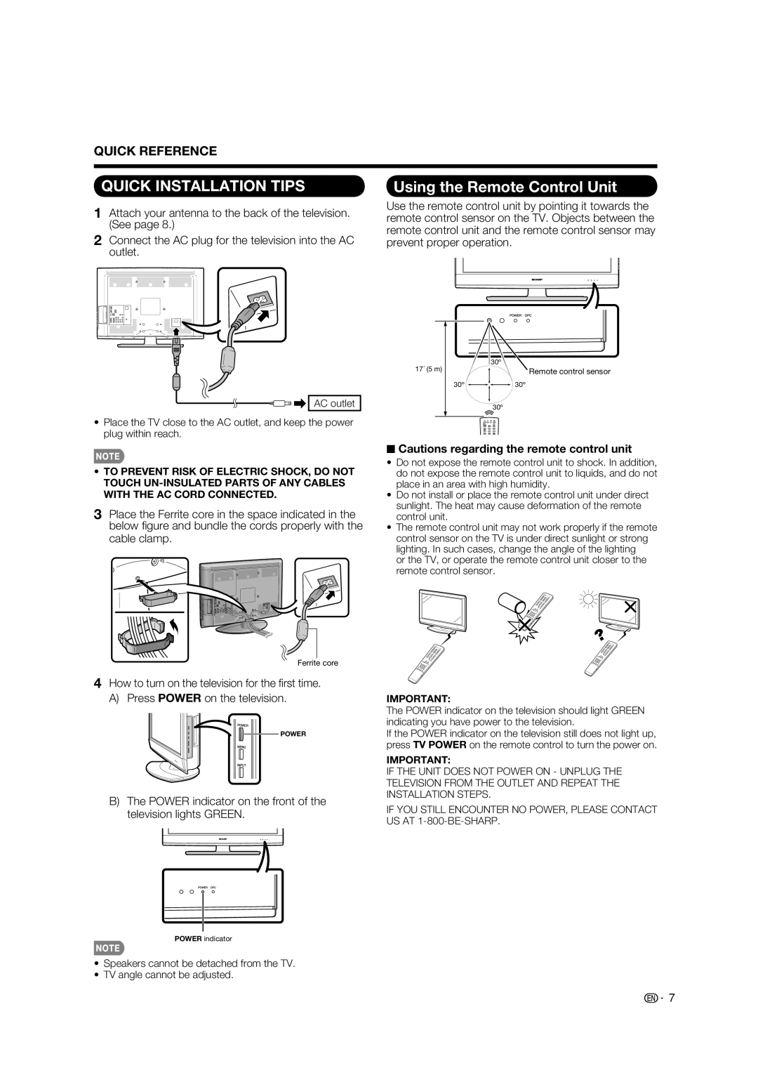 Sharp LC-32E67U operation manual Using the Remote Control Unit, Power indicator on the front of the television lights Green 