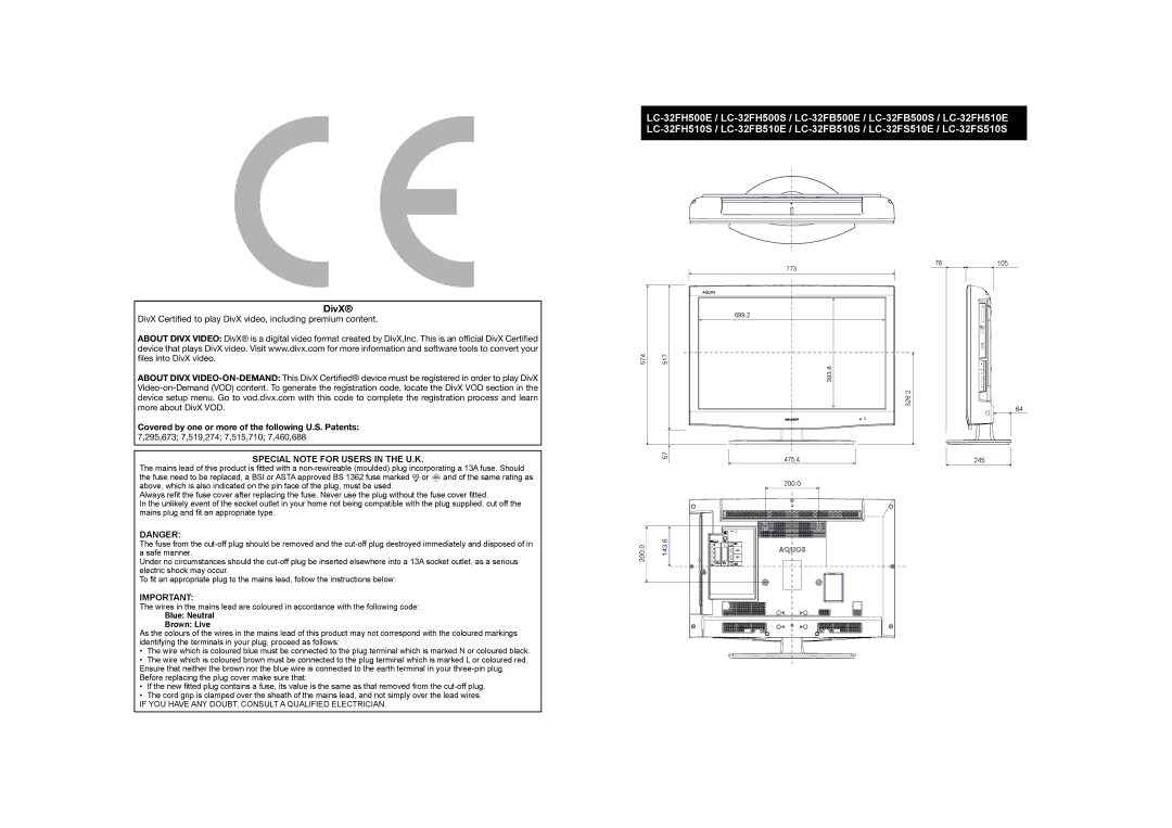 Sharp LC-32FB510E, LC-32FH500E, LC-32FH510E, LC-32FB500E DivX, Covered by one or more of the following U.S. Patents 