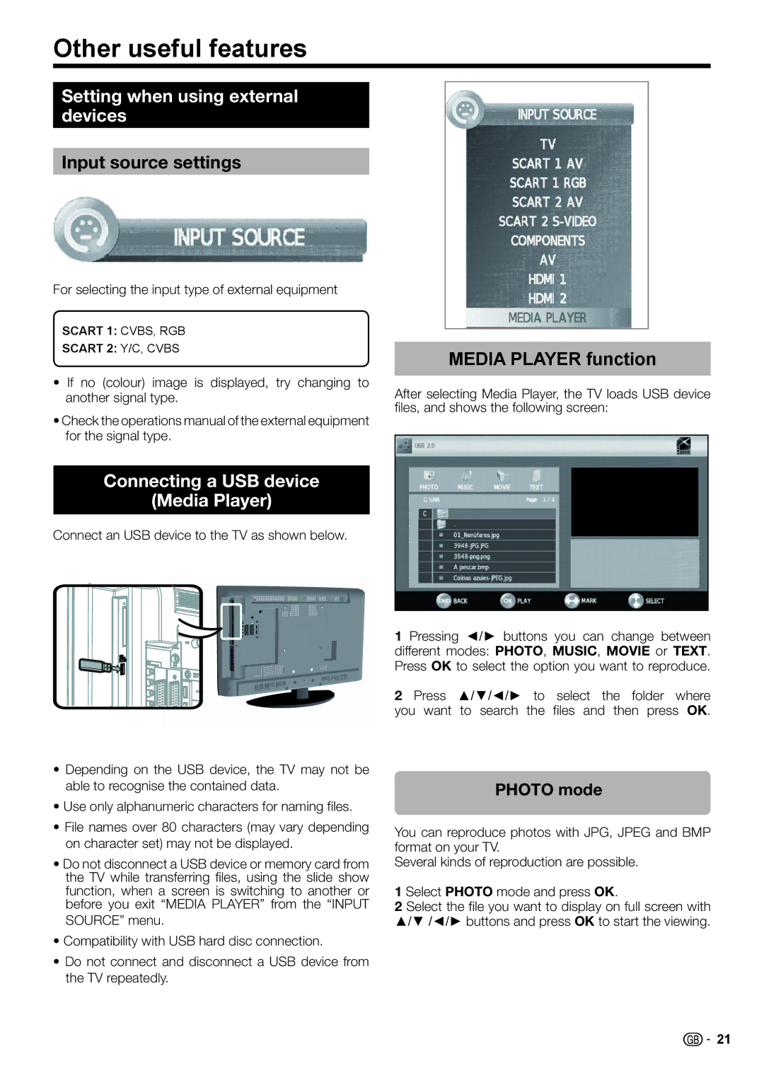 Sharp LC-32FB500E Other useful features, Setting when using external devices, Input source settings, Media Player function 