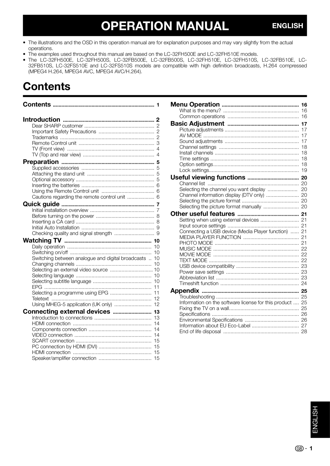 Sharp LC-32FB500E, LC-32FH500E, LC-32FH510E, LC-32FB510E, LC-32FB500S, LC-32FH500S, LC-32FS510S, LC-32FS510E Contents 