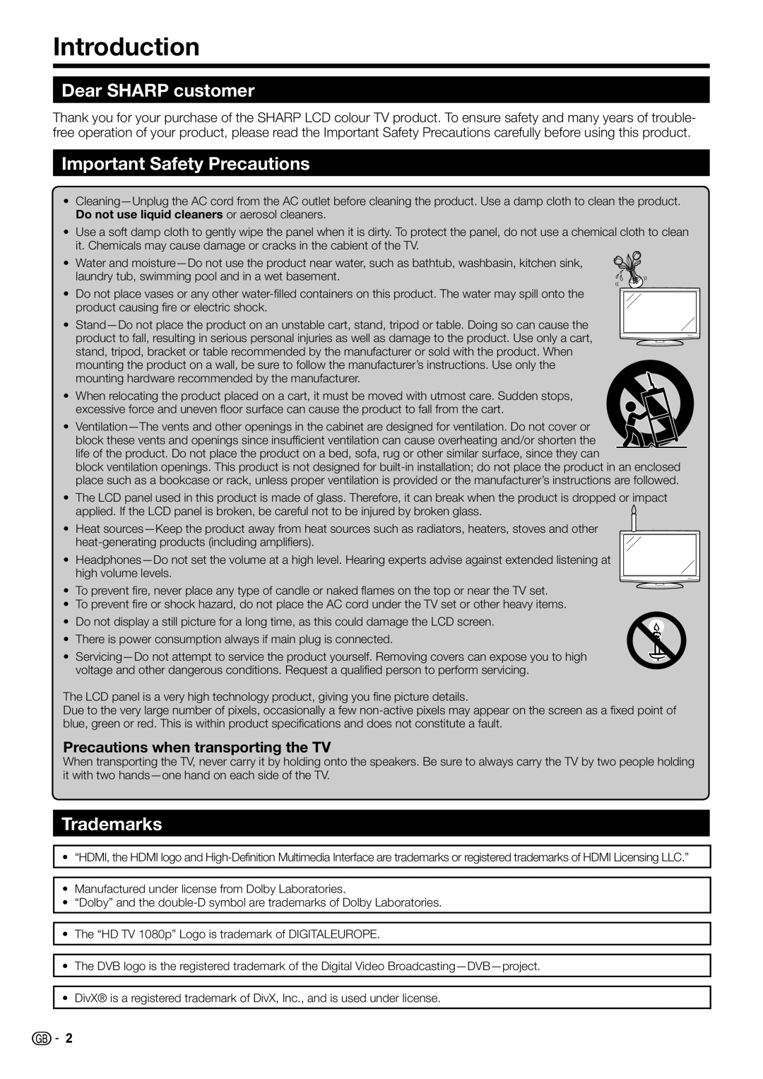 Sharp LC-32FB500S, LC-32FH500E, LC-32FH510E Introduction, Dear Sharp customer, Important Safety Precautions, Trademarks 