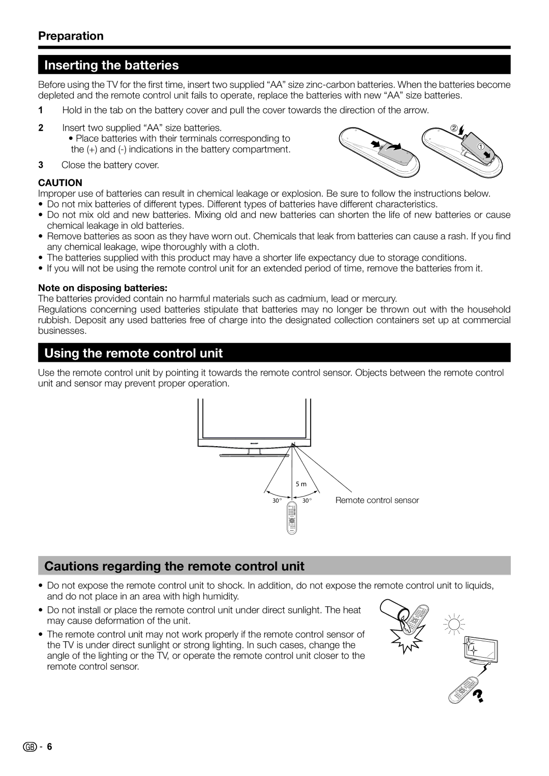 Sharp LC-32FH510S, LC-32FH500E, LC-32FH510E, LC-32FB510E Inserting the batteries, Using the remote control unit, Preparation 