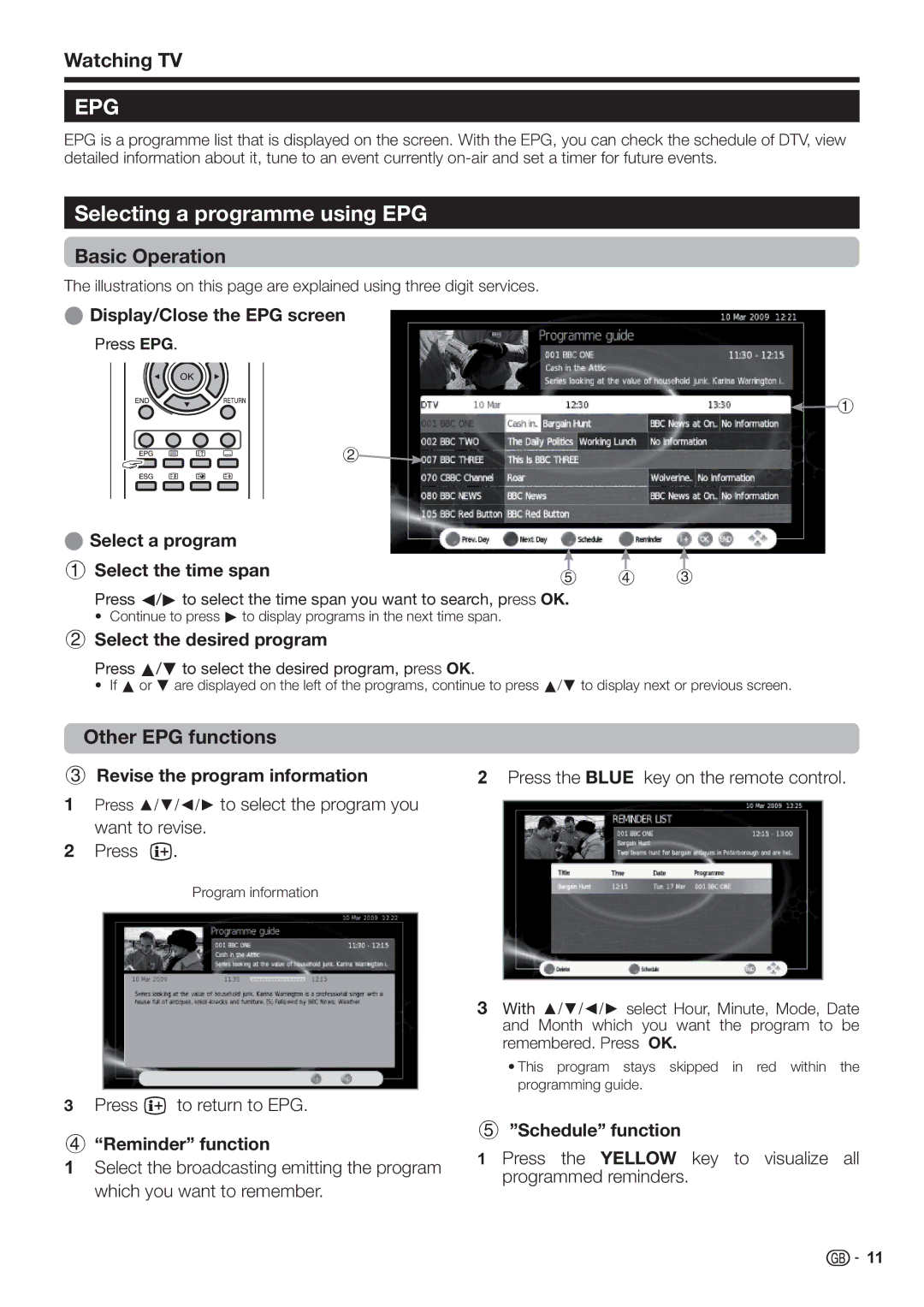 Sharp LC-32FH510E, LC-32FH500E Selecting a programme using EPG, Watching TV, Basic Operation, Other EPG functions 