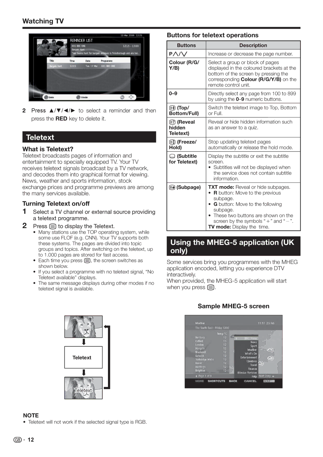 Sharp LC-32FH500E, LC-32FH510E operation manual Teletext, Using the MHEG-5 application UK only 