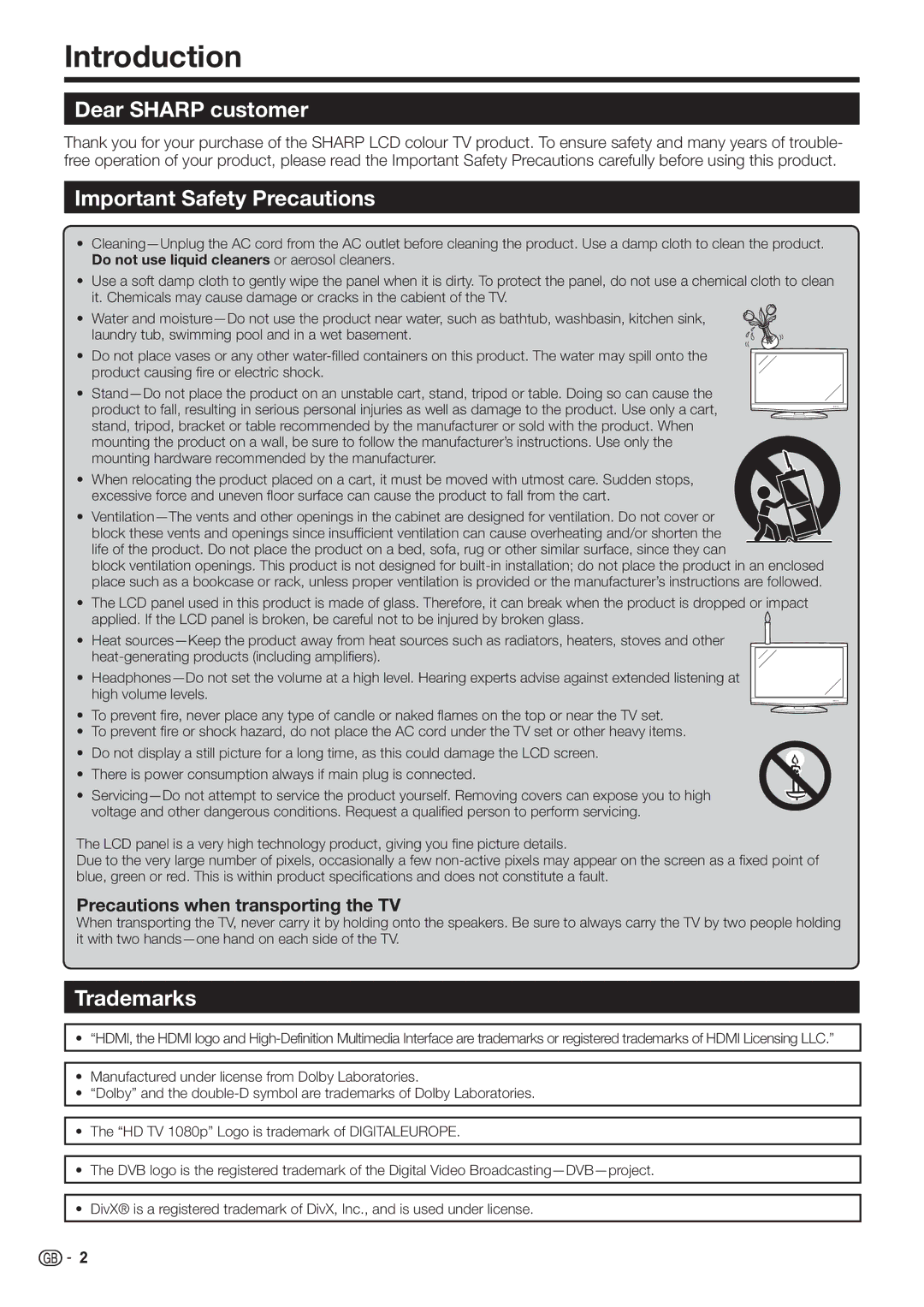 Sharp LC-32FH500E, LC-32FH510E operation manual Introduction, Dear Sharp customer, Important Safety Precautions, Trademarks 