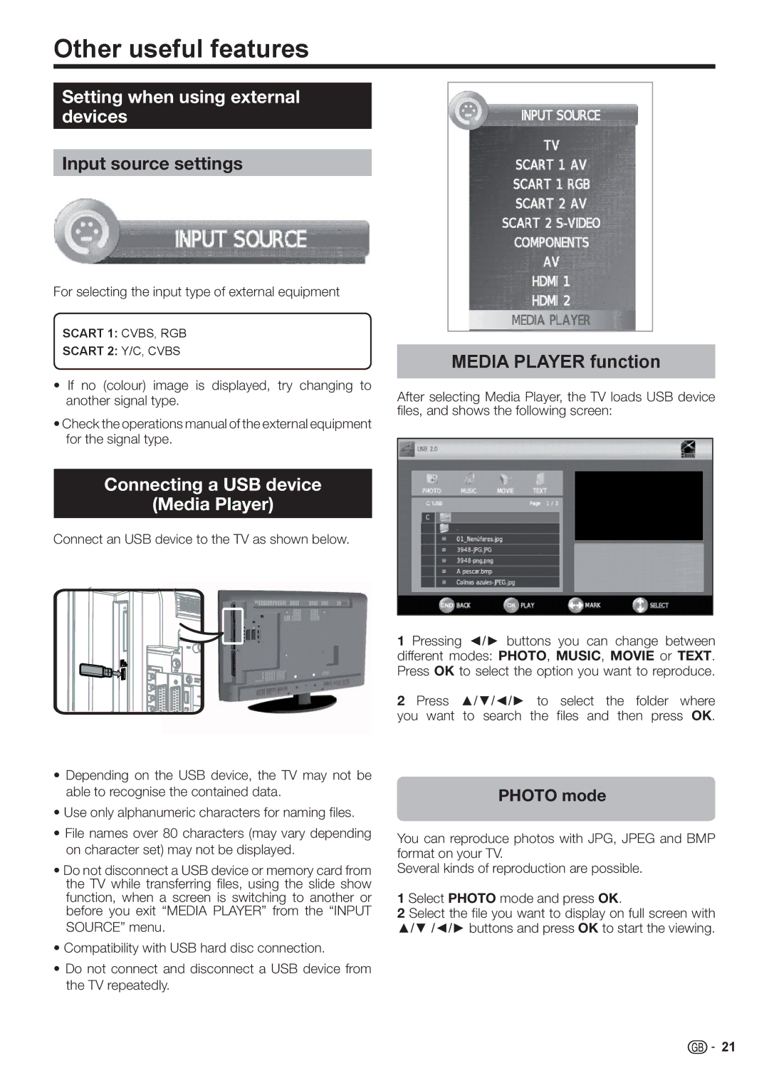 Sharp LC-32FH510E Other useful features, Setting when using external devices, Input source settings, Media Player function 